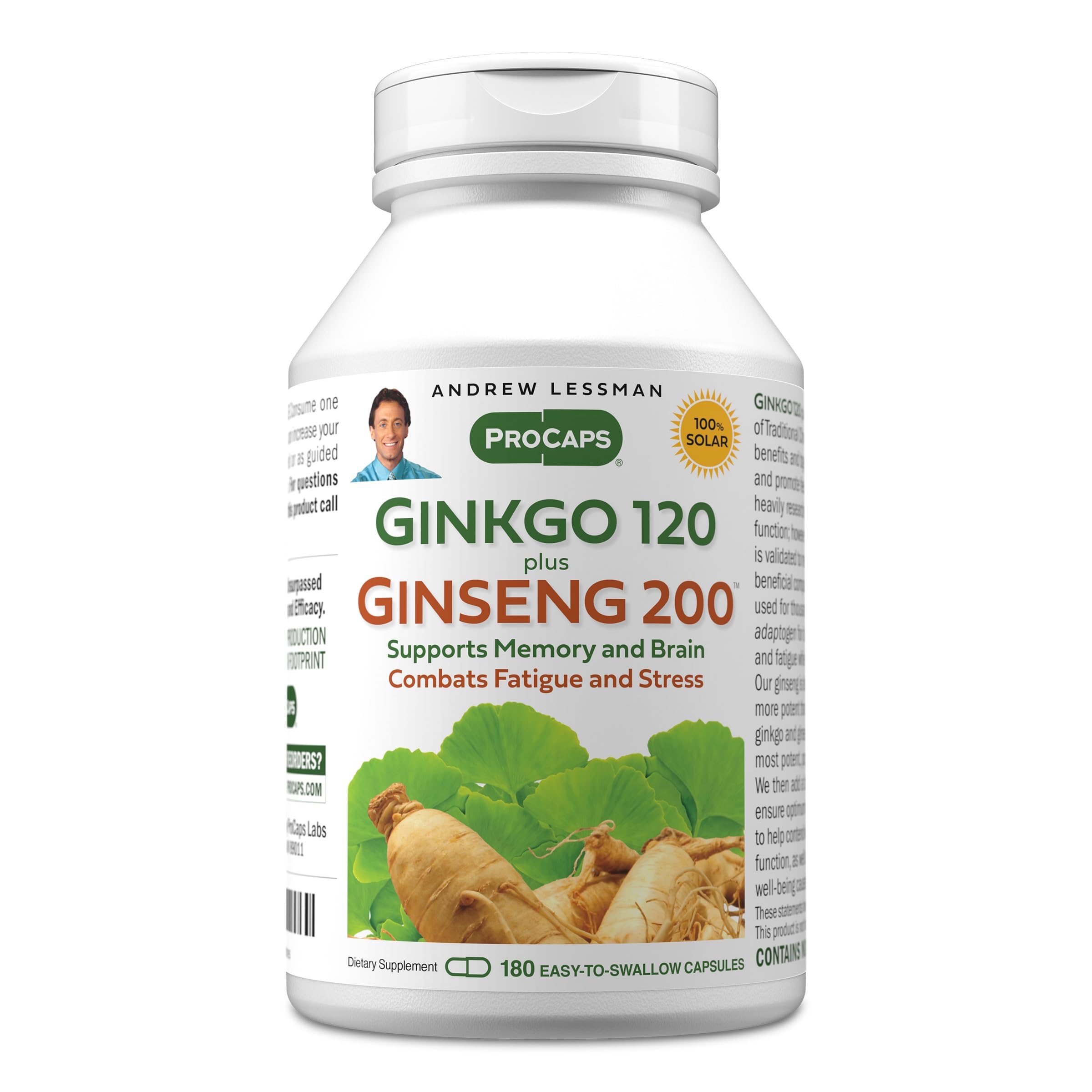 ANDREW LESSMAN Ginkgo 120 Plus Ginseng 200 mg: botella frontal, posible apoyo a la memoria.