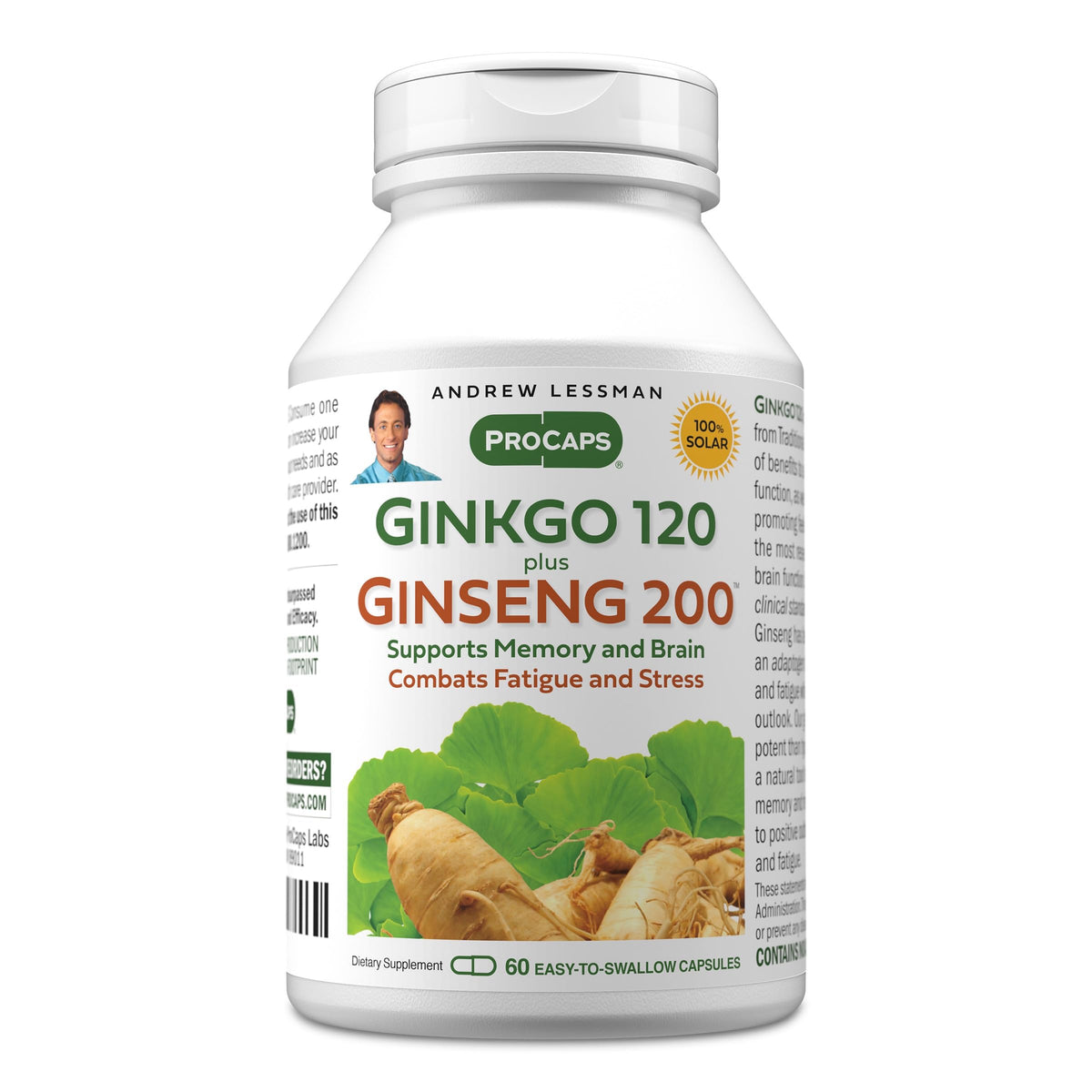 ANDREW LESSMAN ginkgo 120 más ginseng 200 mg cápsulas botella para claridad mental