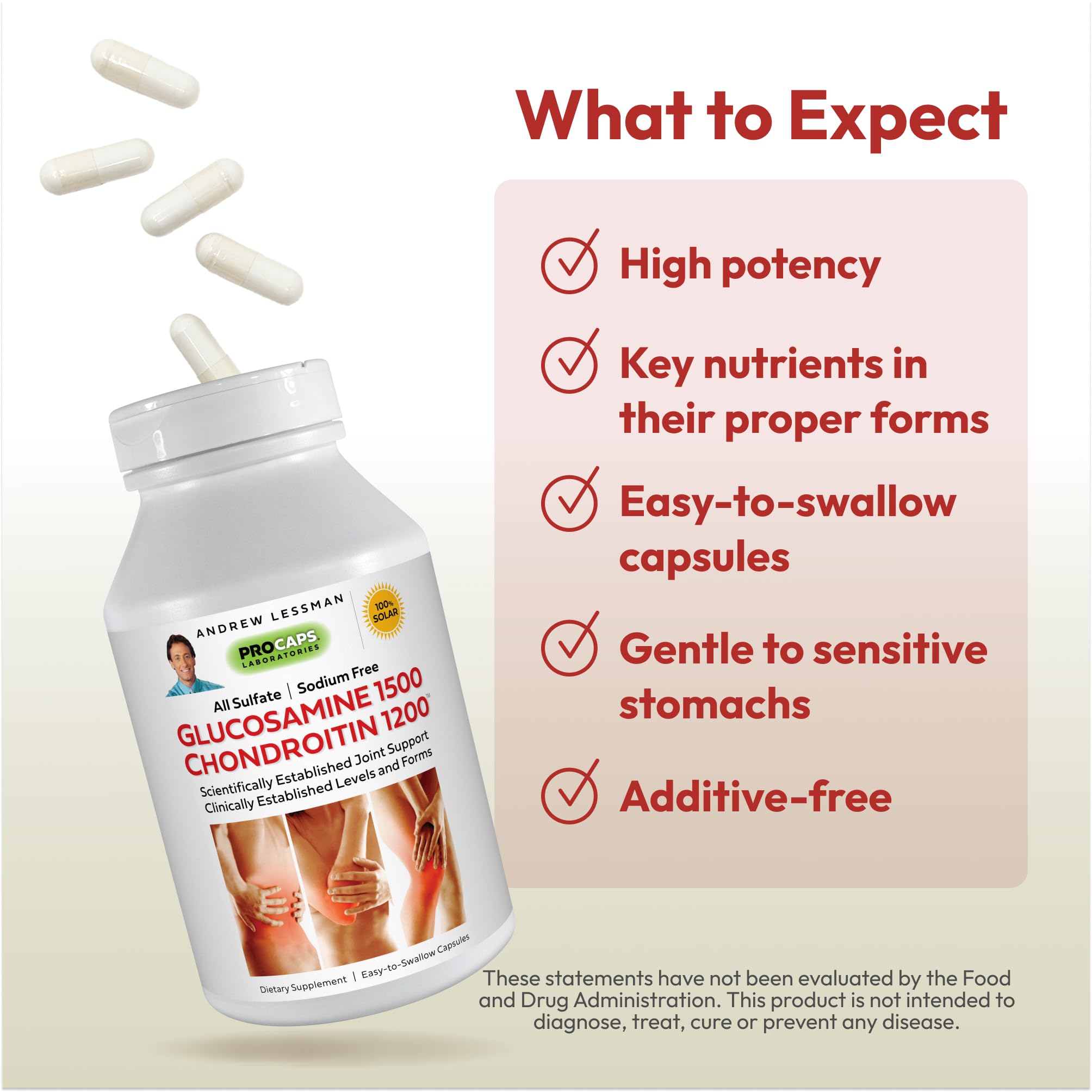 Ingredientes puros: glucosamina sulfato y condroitina sulfato con nutrientes clave.