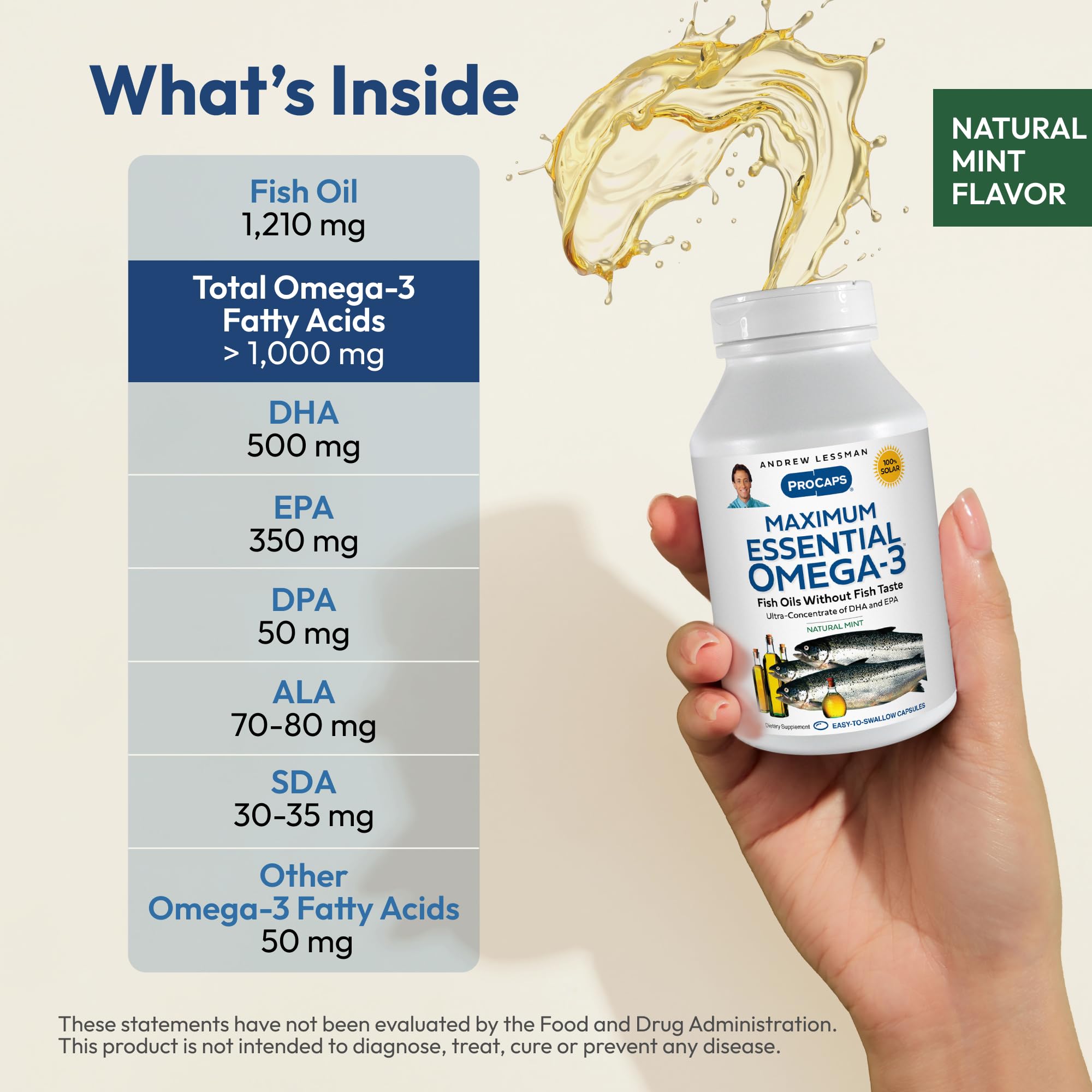 Etiqueta de Omega-3 Máximo Esencial Menta: libre de mercurio y contaminantes.