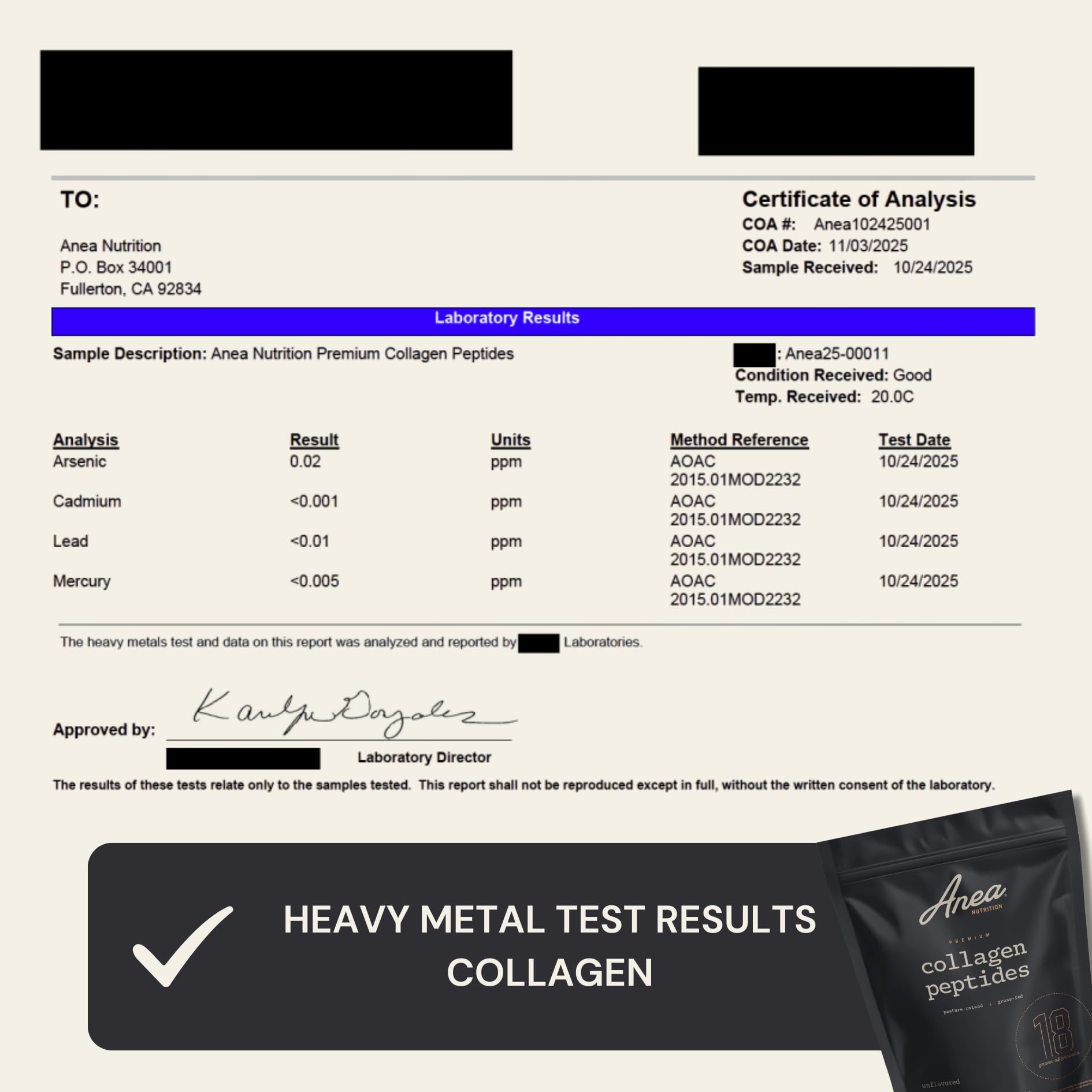 Anea Nutrition Colágeno certificado GMP y pruebas de pureza para seguridad.