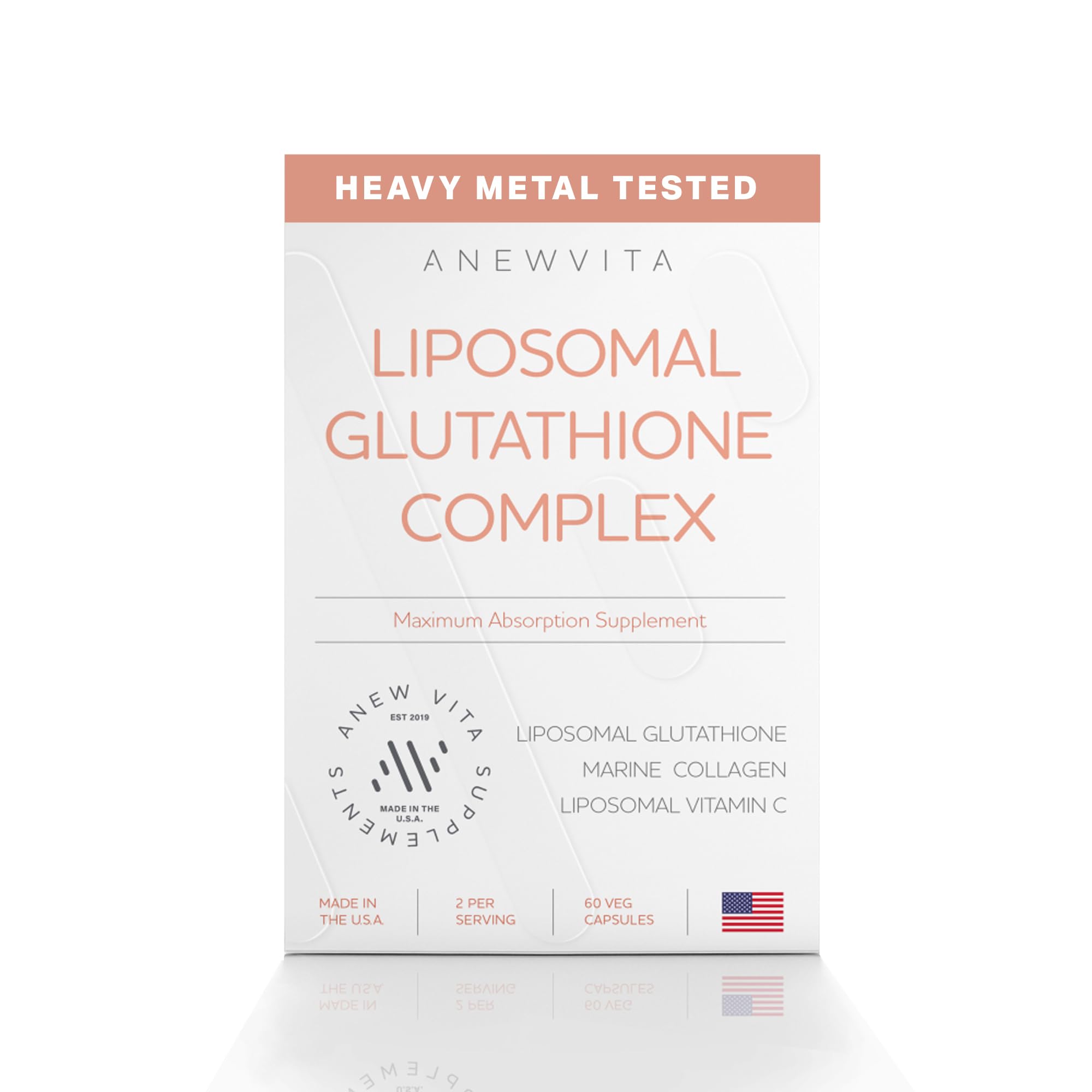 Anew Vita glutatón liposomal en frasco, enfoque en cuidado diario de la piel.