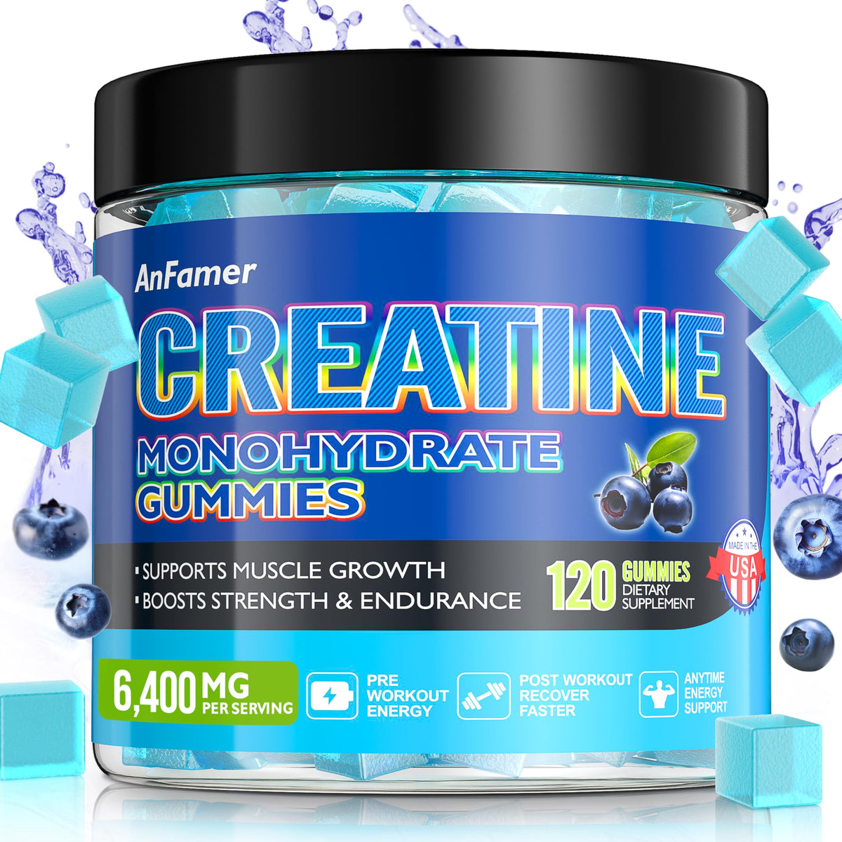 AnFamer Creatina Monohidrato Gominolas, embalaje azul, ideal para entrenamientos en cualquier lugar.