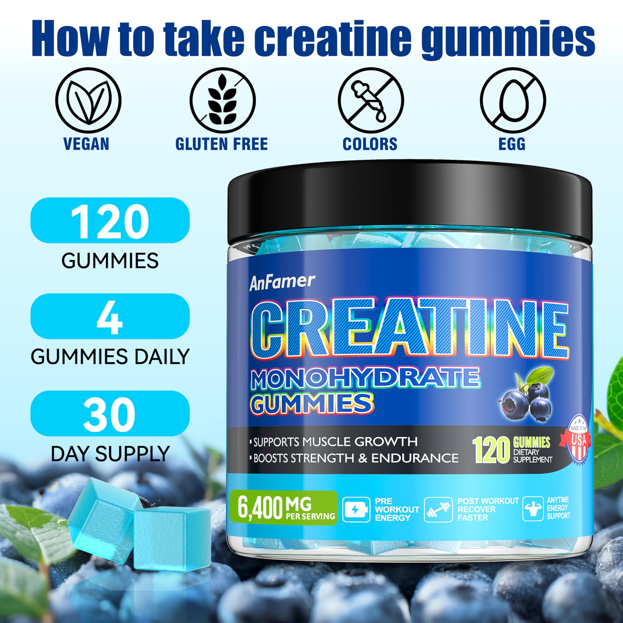 AnFamer Creatina Monohidrato Gominolas, ideal para viajar y llevar en la bolsa.