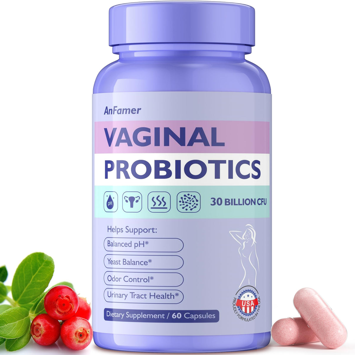 AnFamer Probioticos Mujeres en la botella, favorece la flora vaginal equilibrada.