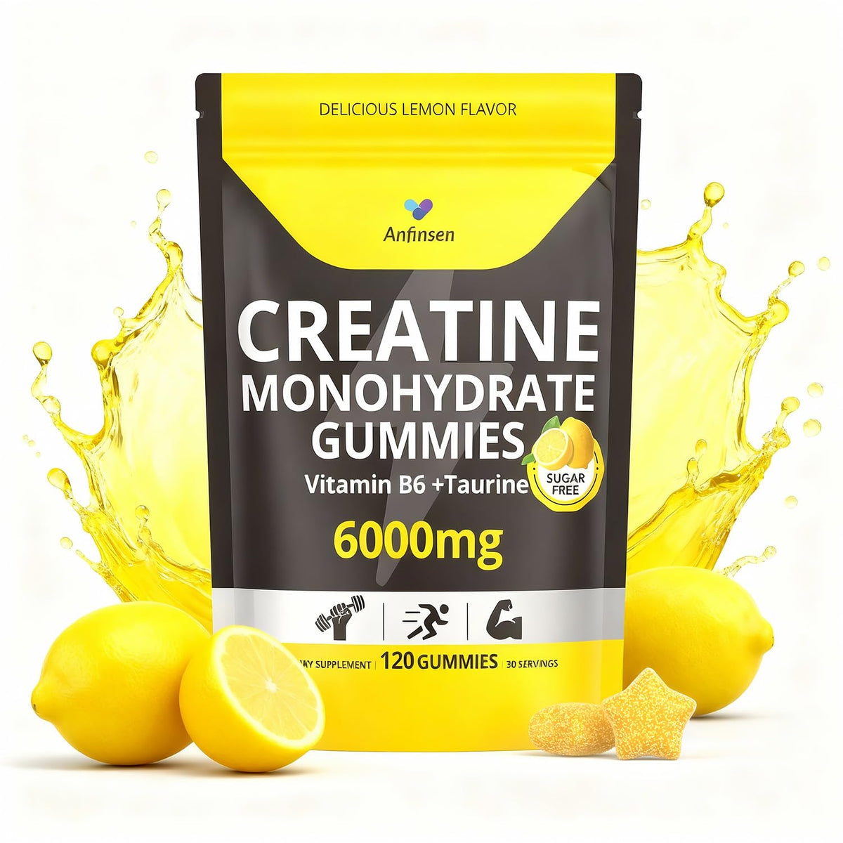 Anfinsen Gominolas de Creatina, envase abierto con gominas, energía sostenida para entrenar.
