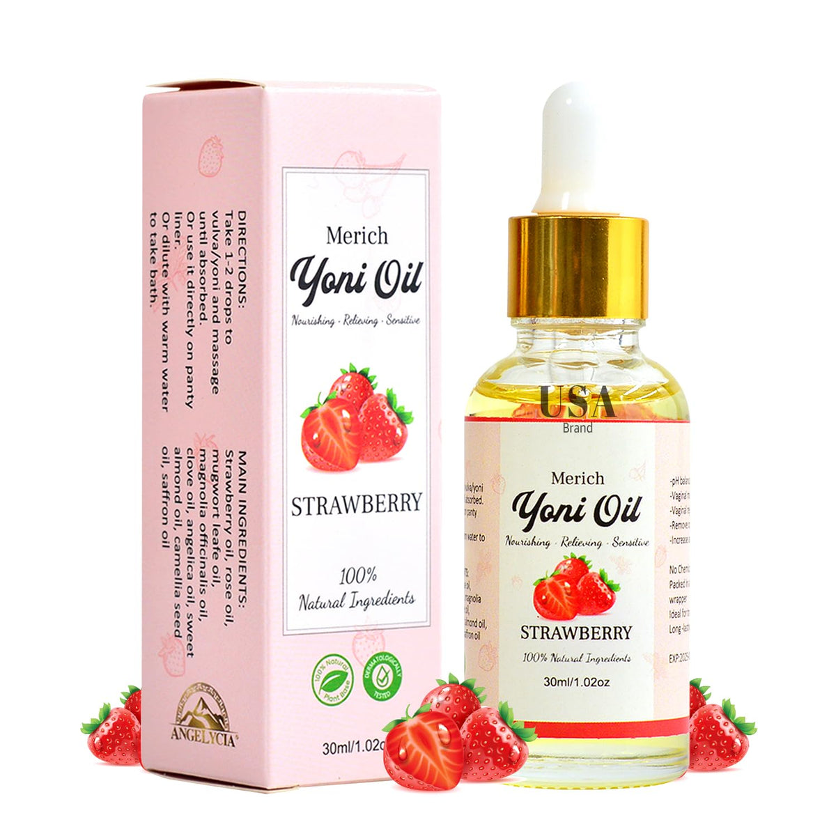 ANGELYCIA MERICH: botella de aceite Yoni con rosa para cuidado delicado.