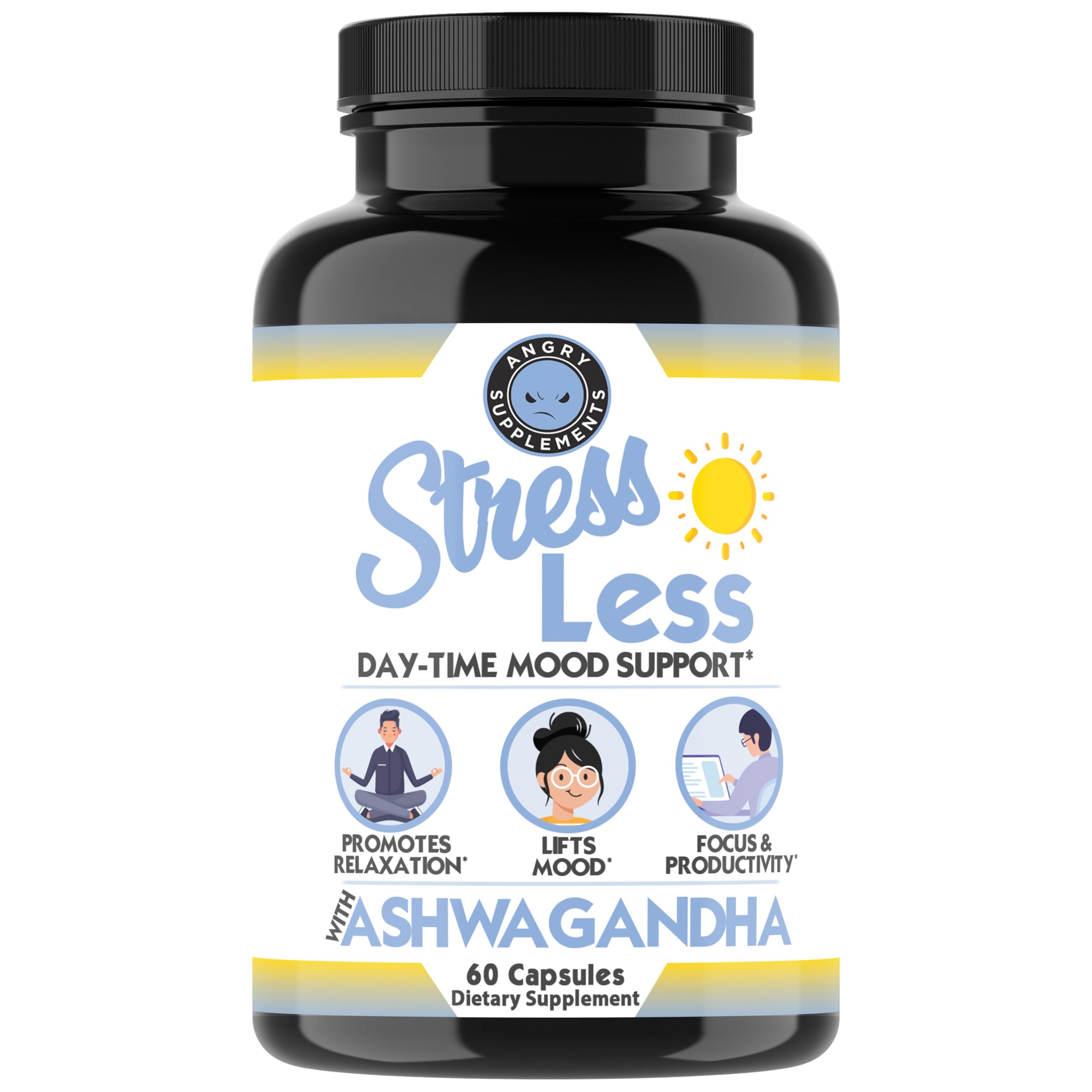 Angry Supplements Stress Less en la mesa, apoyo para la concentración diaria.
