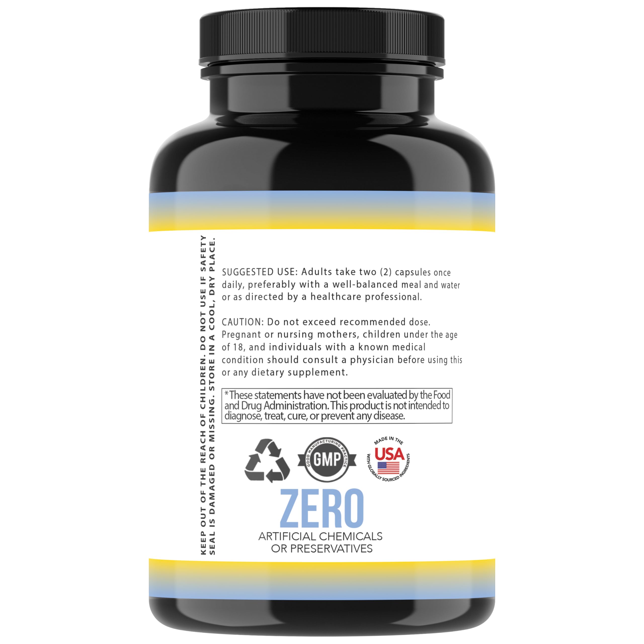 Angry Supplements Stress Less, etiqueta detallada con información de beneficios y uso.