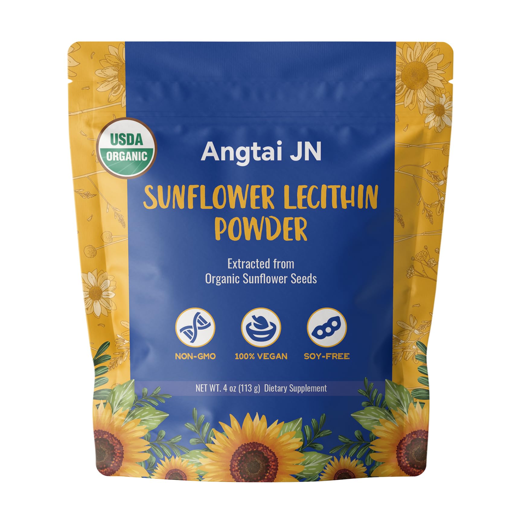 Angtai JN Lecitina de girasol orgánica en polvo en bote, emulsifica batidos sin alterar el sabor