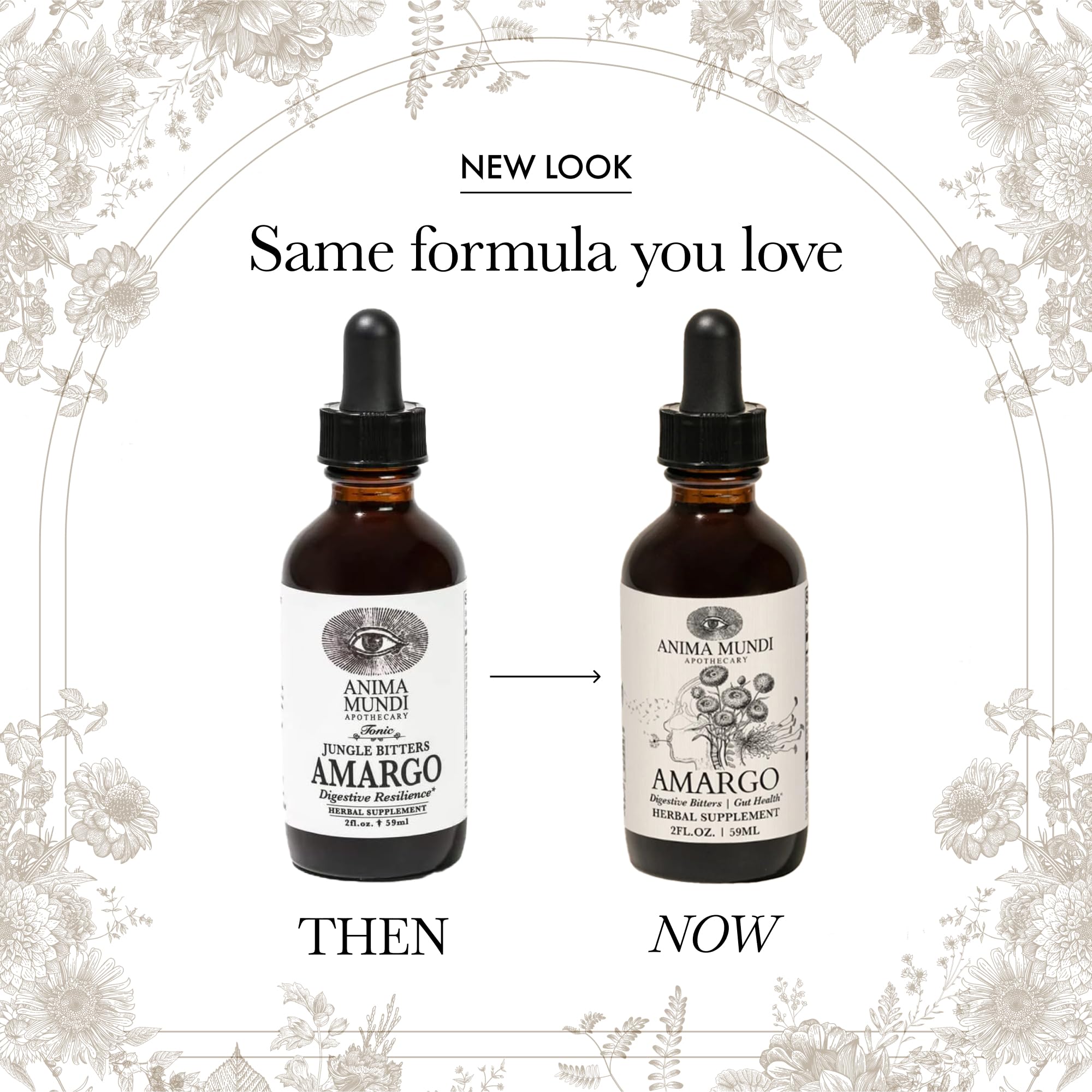 Anima Mundi Amargo Digestive Bitters, detalle de etiqueta, muestra la mezcla herbal