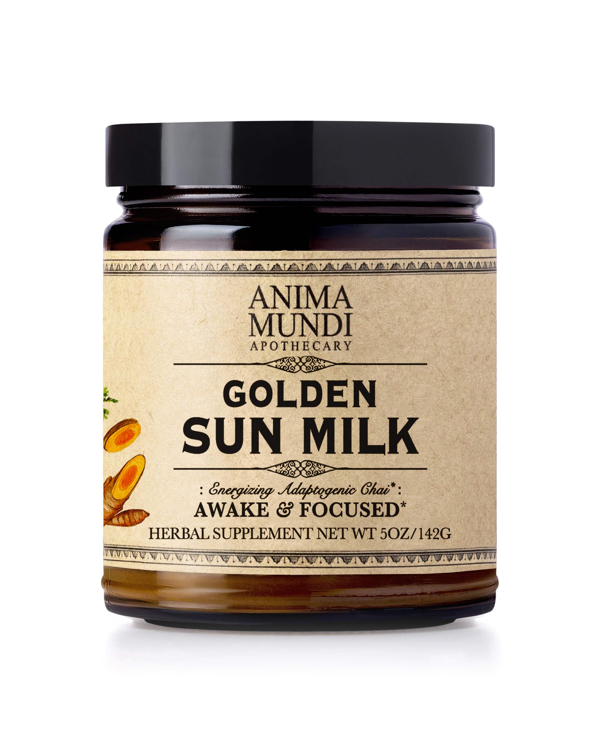 Anima Mundi Apothecary Golden Sun Milk: envase dorado para un ritual de autocuidado y calma.