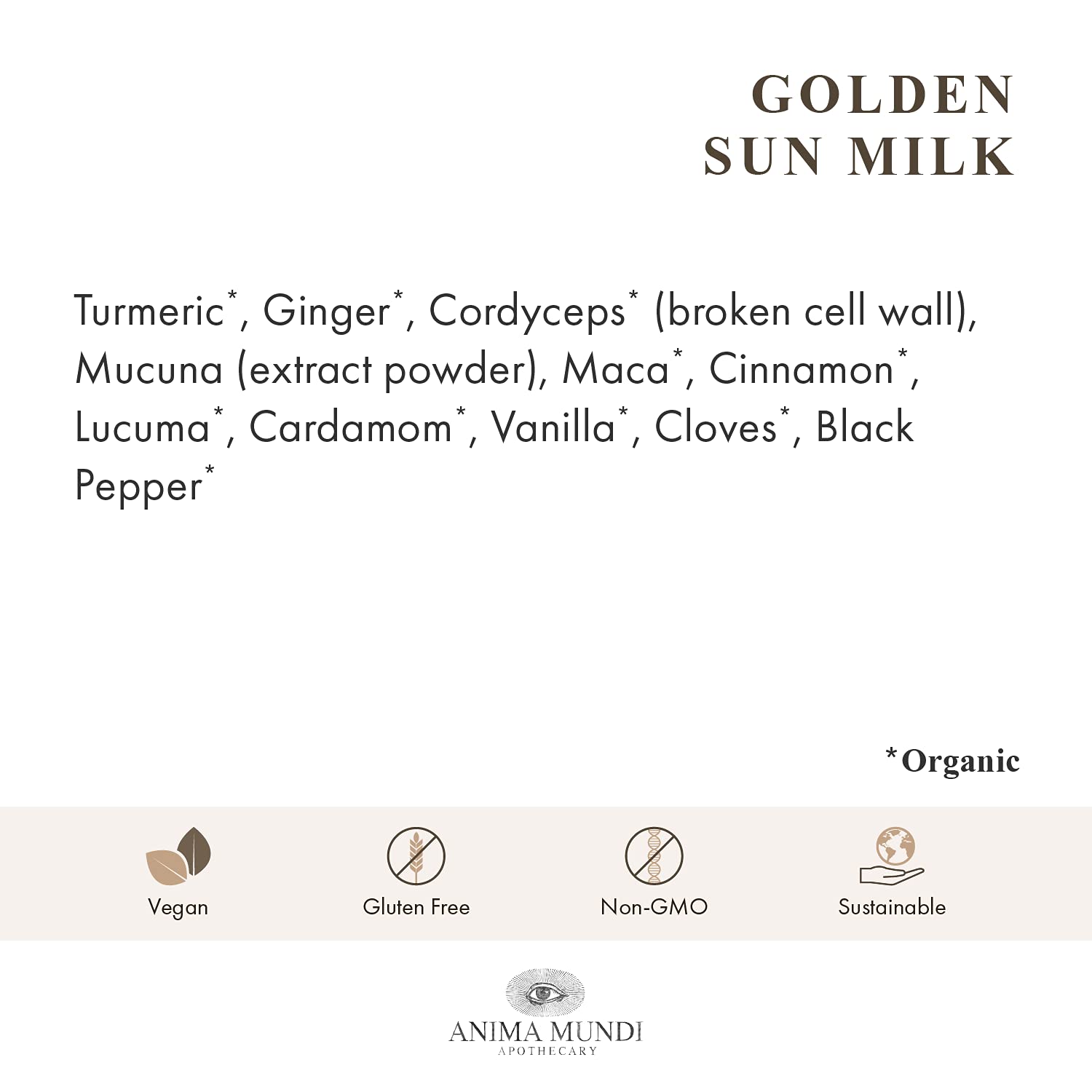 Anima Mundi Apothecary Golden Sun Milk: polvo cúrcuma y jengibre para un impulso suave.