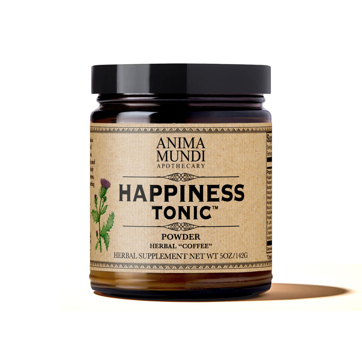 Anima Mundi Apothecary Happiness Tonic en botella, sustituto de café herbal para energía suave.