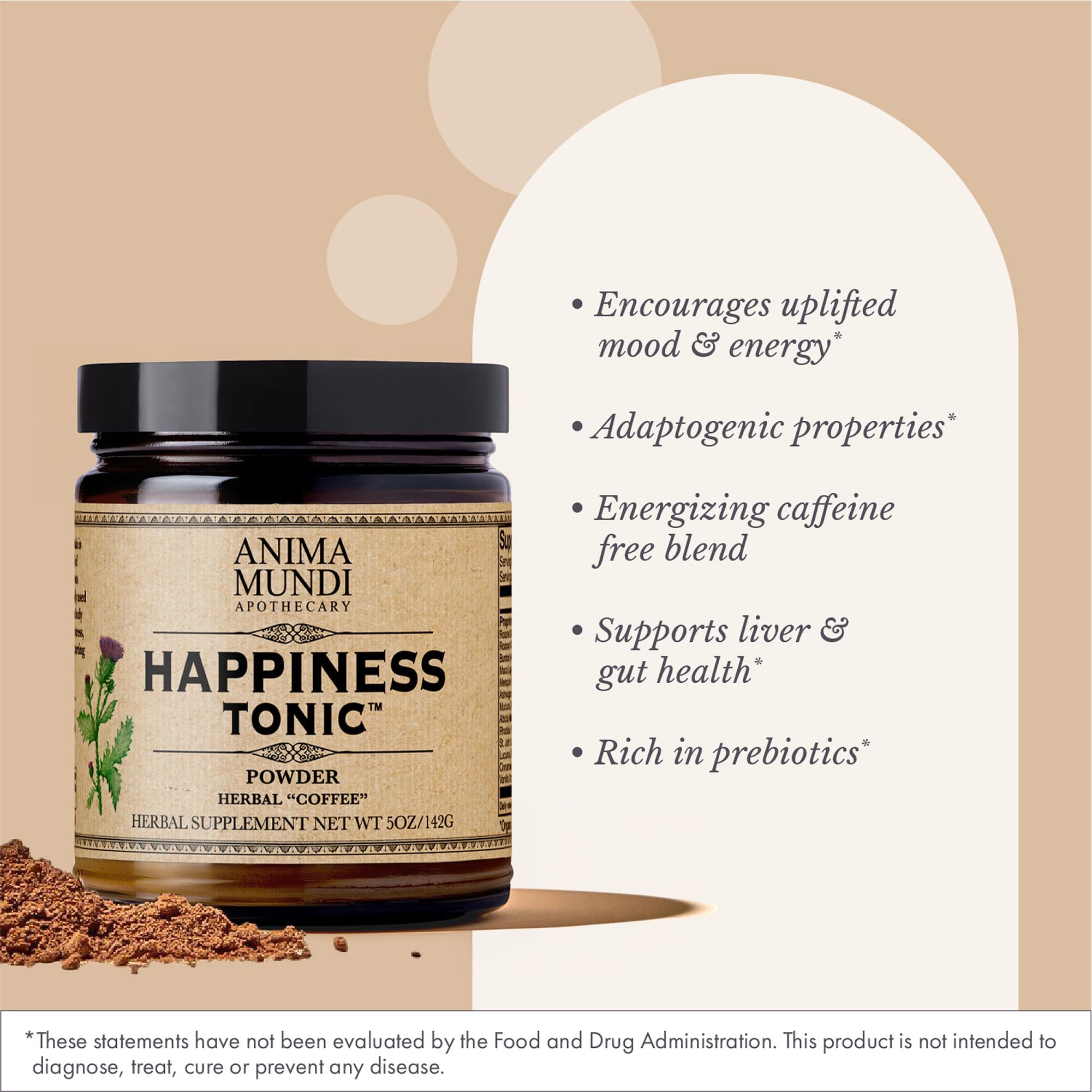 Taza con Happiness Tonic, aroma terroso y mezcla sin cafeína para despertar naturalmente.