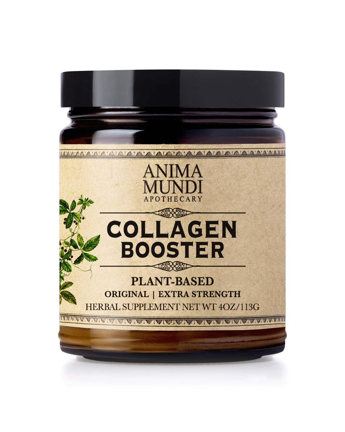 Polvo de colágeno vegano de Anima Mundi Apothecary en frasco: podría apoyar producción natural de colágeno.