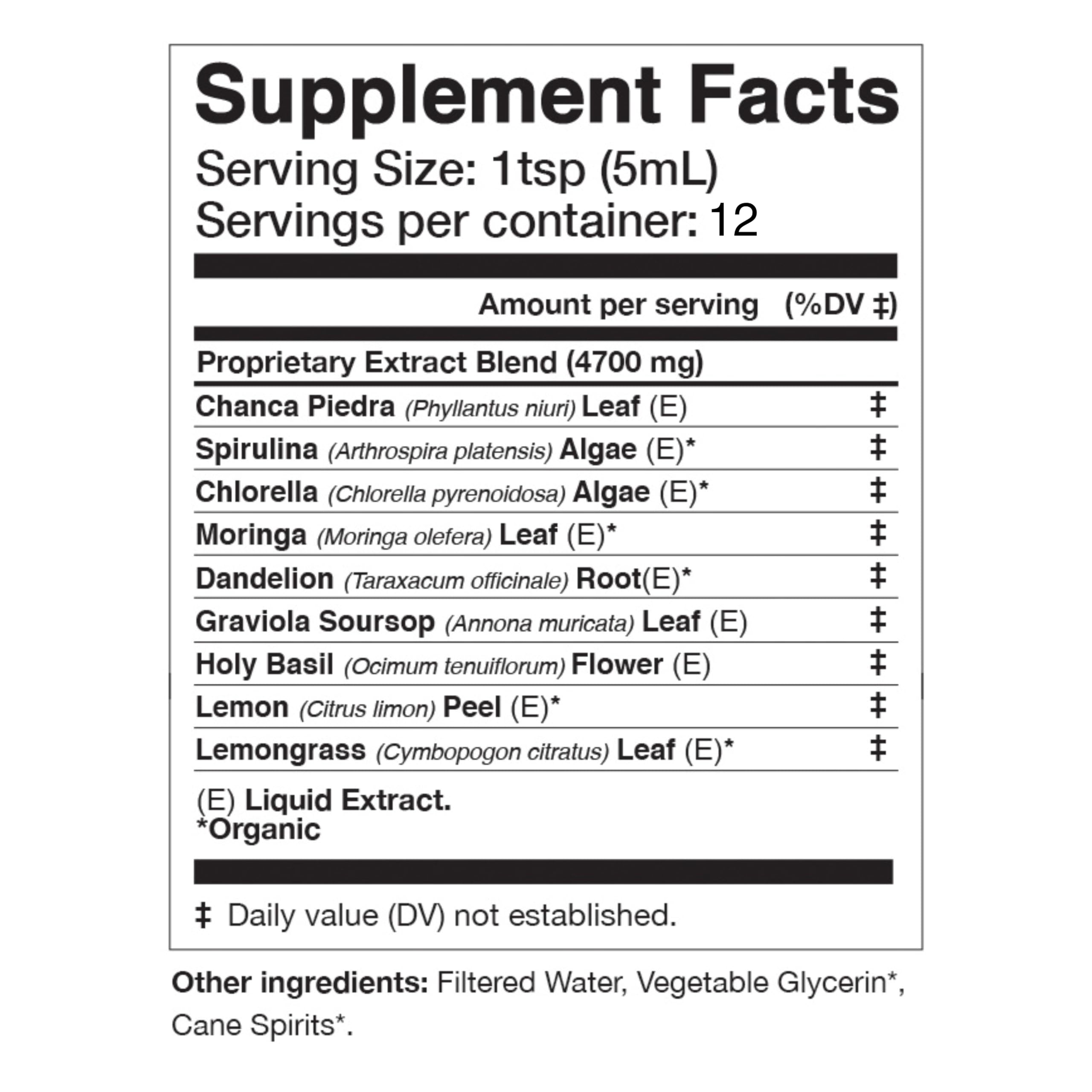 Viridem Greens Detox Elixir, etiqueta con hierbas para infusiones y batidos