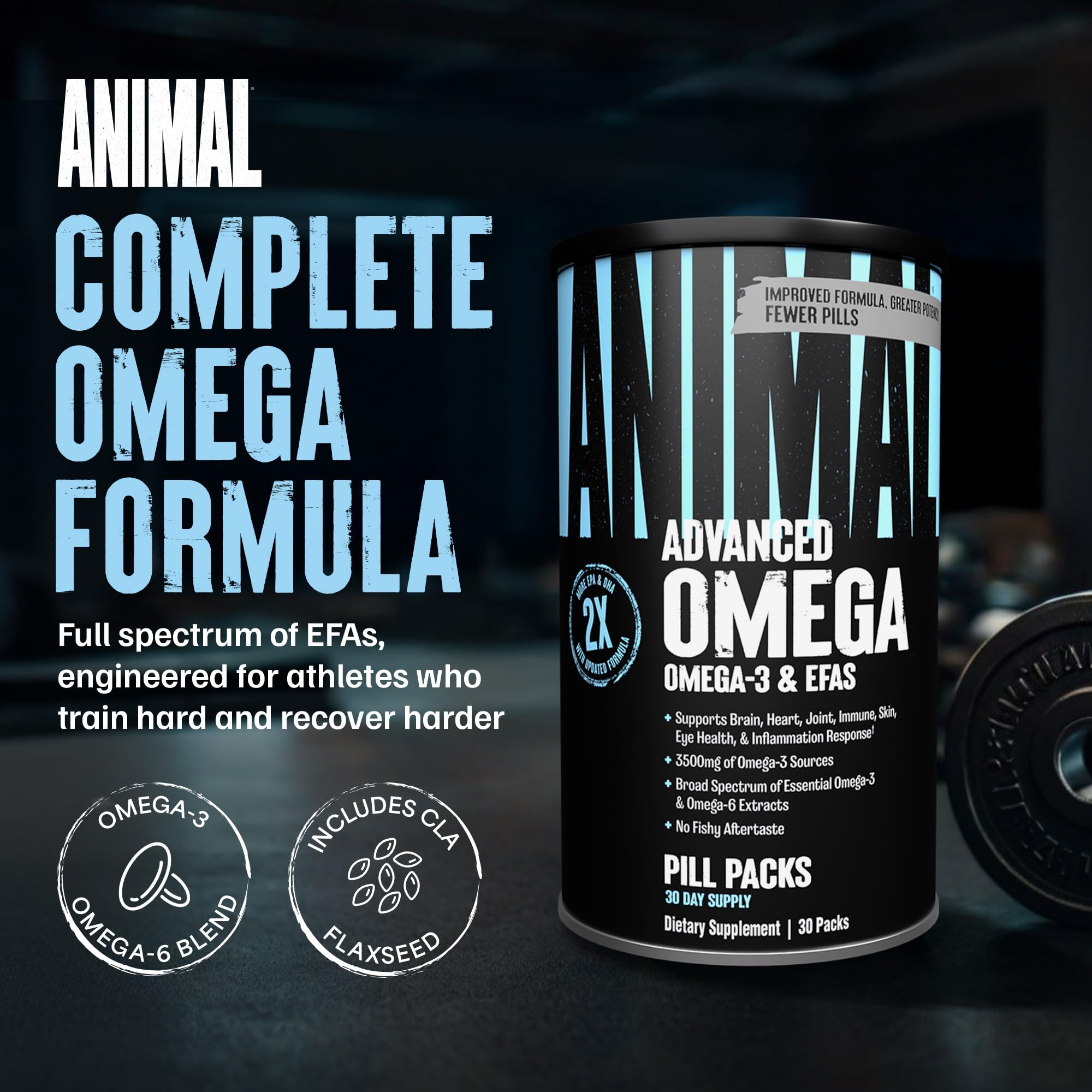Animal Advanced Omega: empaque de 30 paquetes diarios para conveniencia y consistencia.