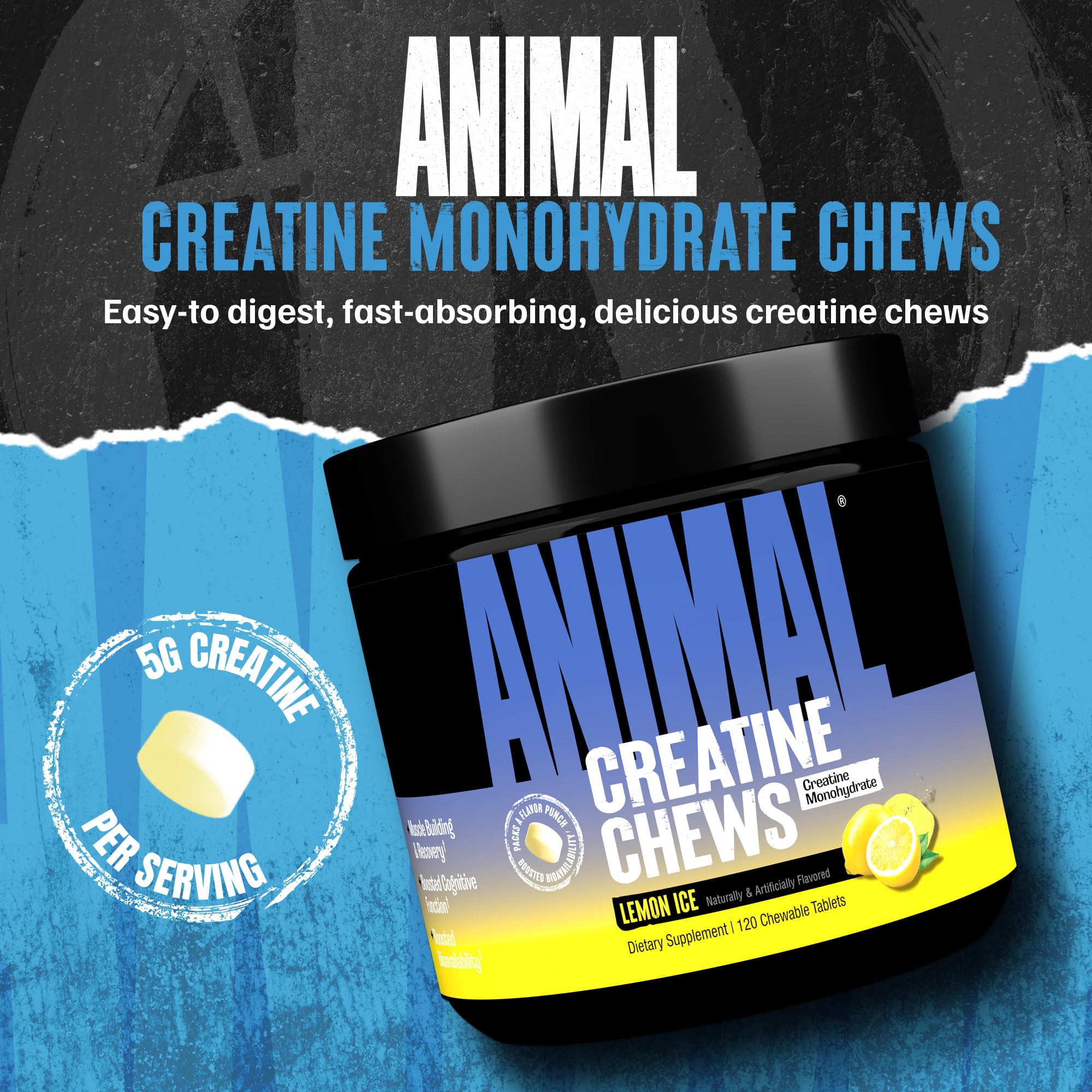 Animal creatina masticable, dosis de 5 g para potencia y recuperación.