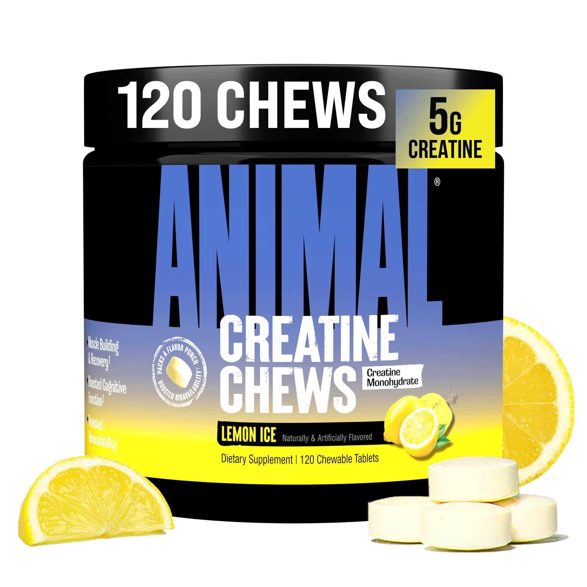 Animal creatina masticables, tabletas sabor limón, ideal para entrenamientos intensos.