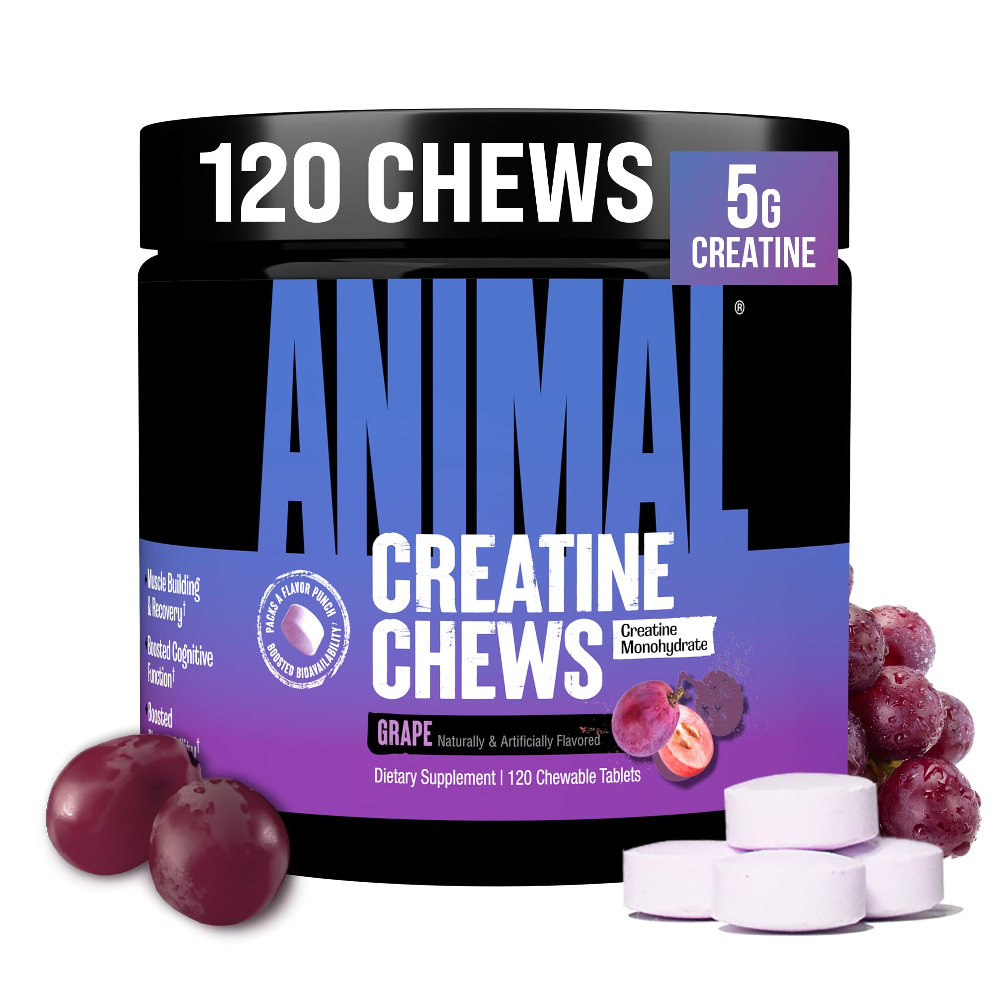 Animal Creatina Masticables en empaque frontal, opción conveniente para entrenamientos