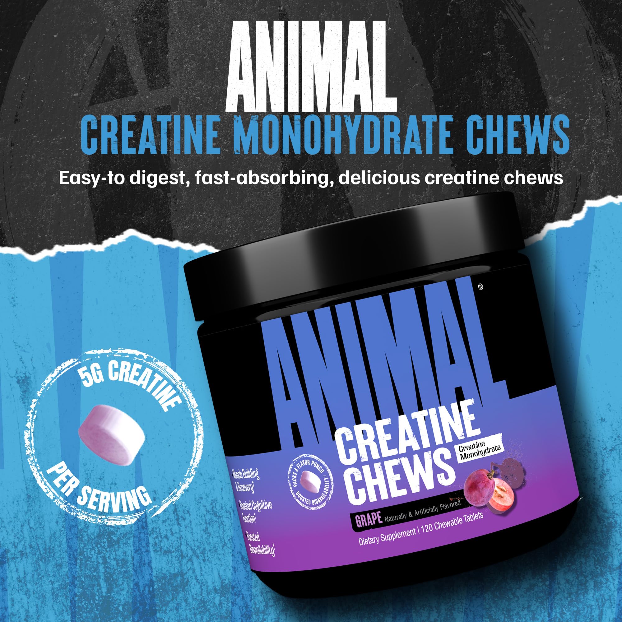 Tabletas de cinco gramos de Animal Creatina Masticables para potencia rápida