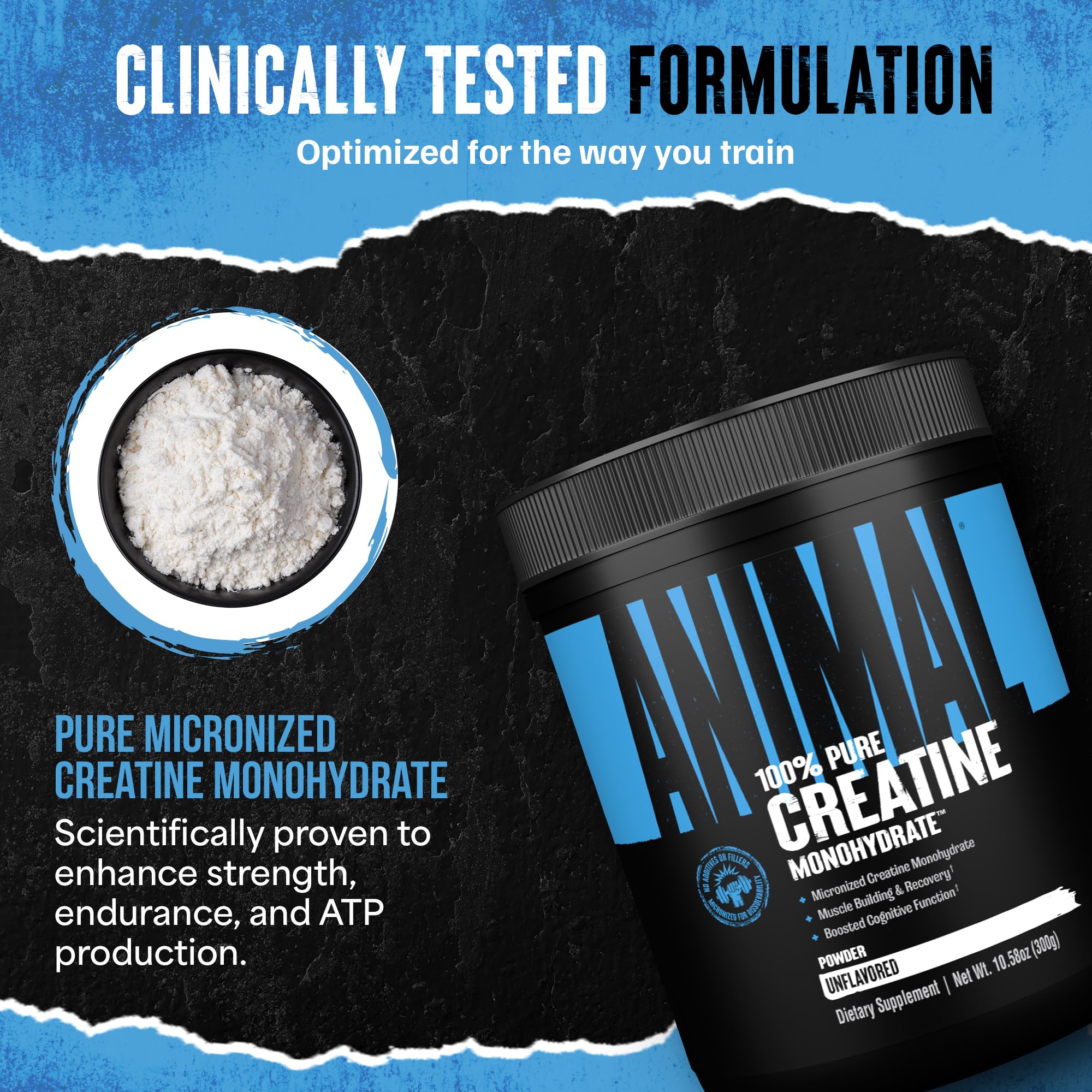 Animal Creatine Monohidrato: envase práctico de 300 g para uso diario.