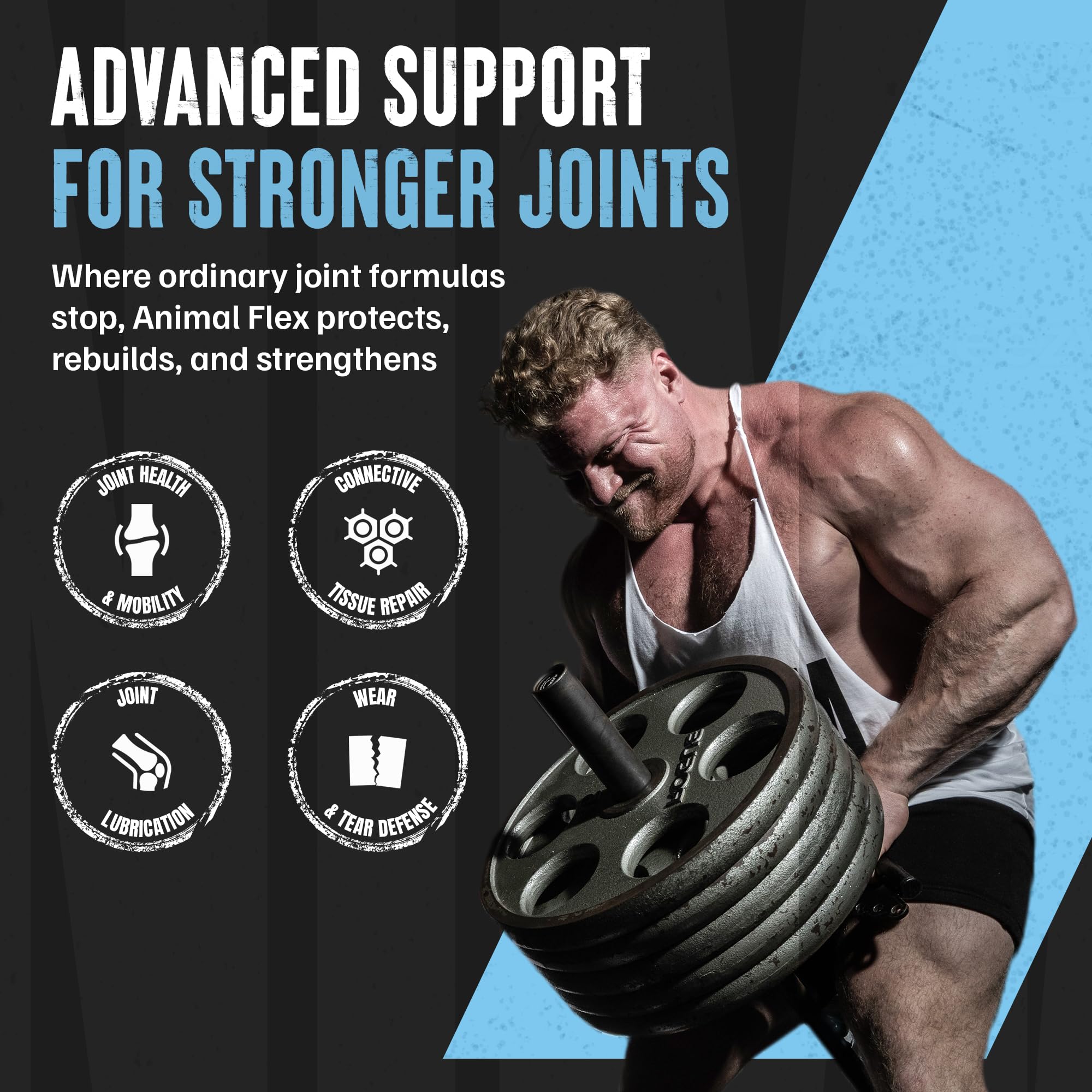 Animal Flex: etiqueta con cúrcuma y glucosamina, posible apoyo para articulaciones.