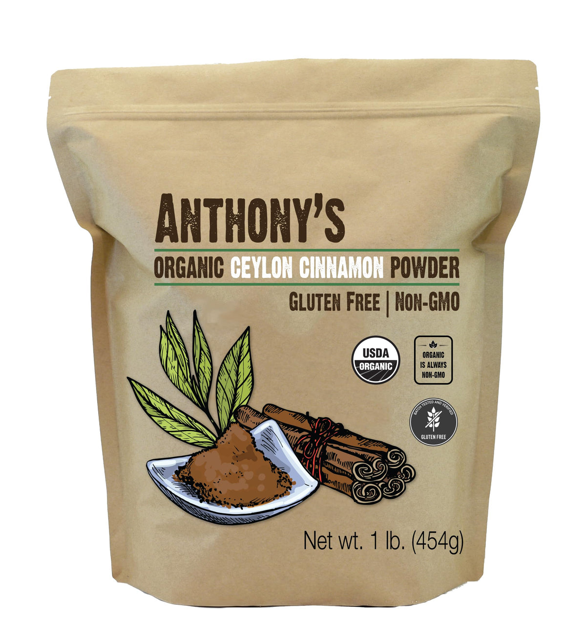 Anthony's Canela Ceilán Orgánica en Polvo — empaque sellado para frescura