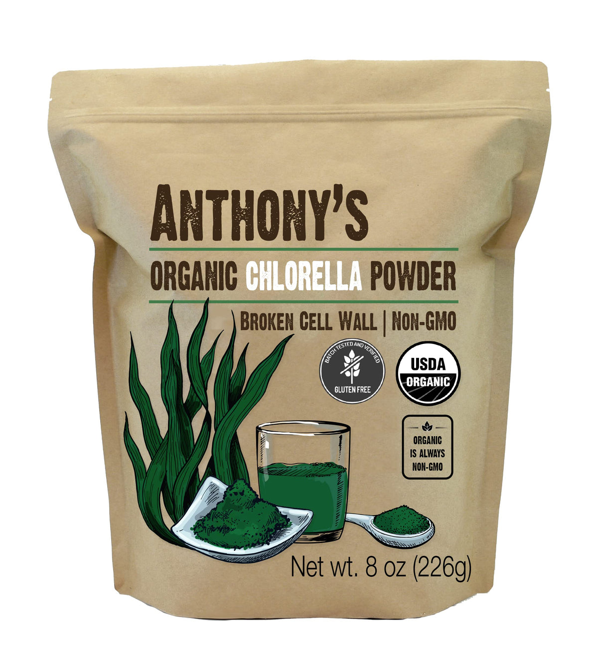 Anthony's Chlorella Orgánica en polvo, frasco de 8 oz para uso diario.
