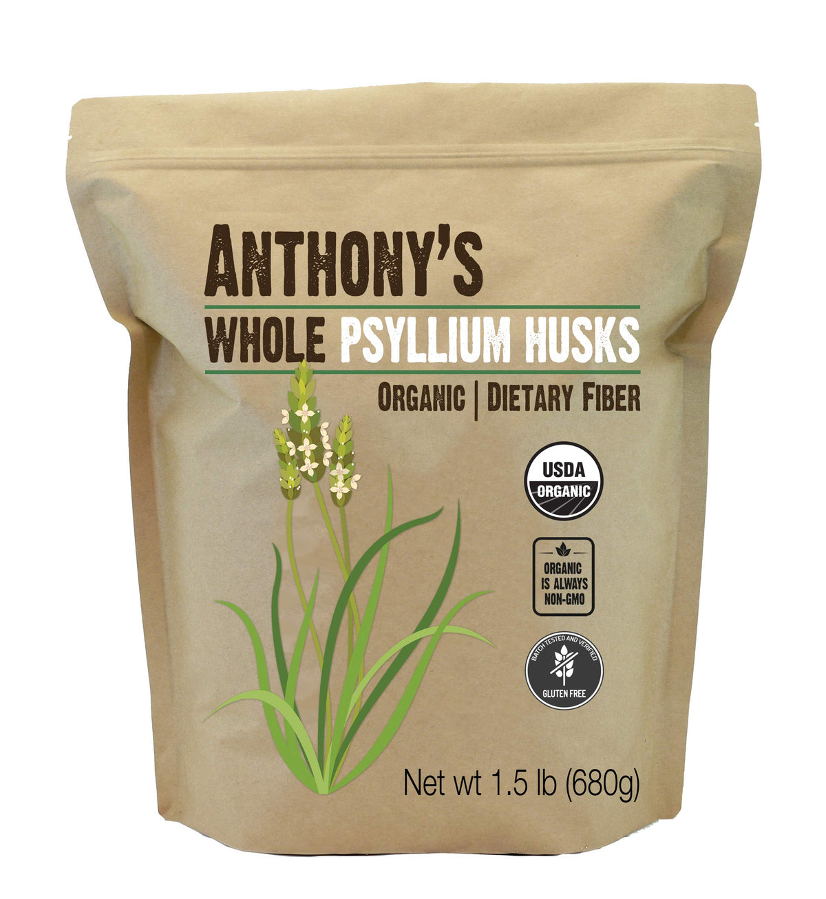 Anthony's psyllium, frente al bote, fibra para apoyo digestivo diario.