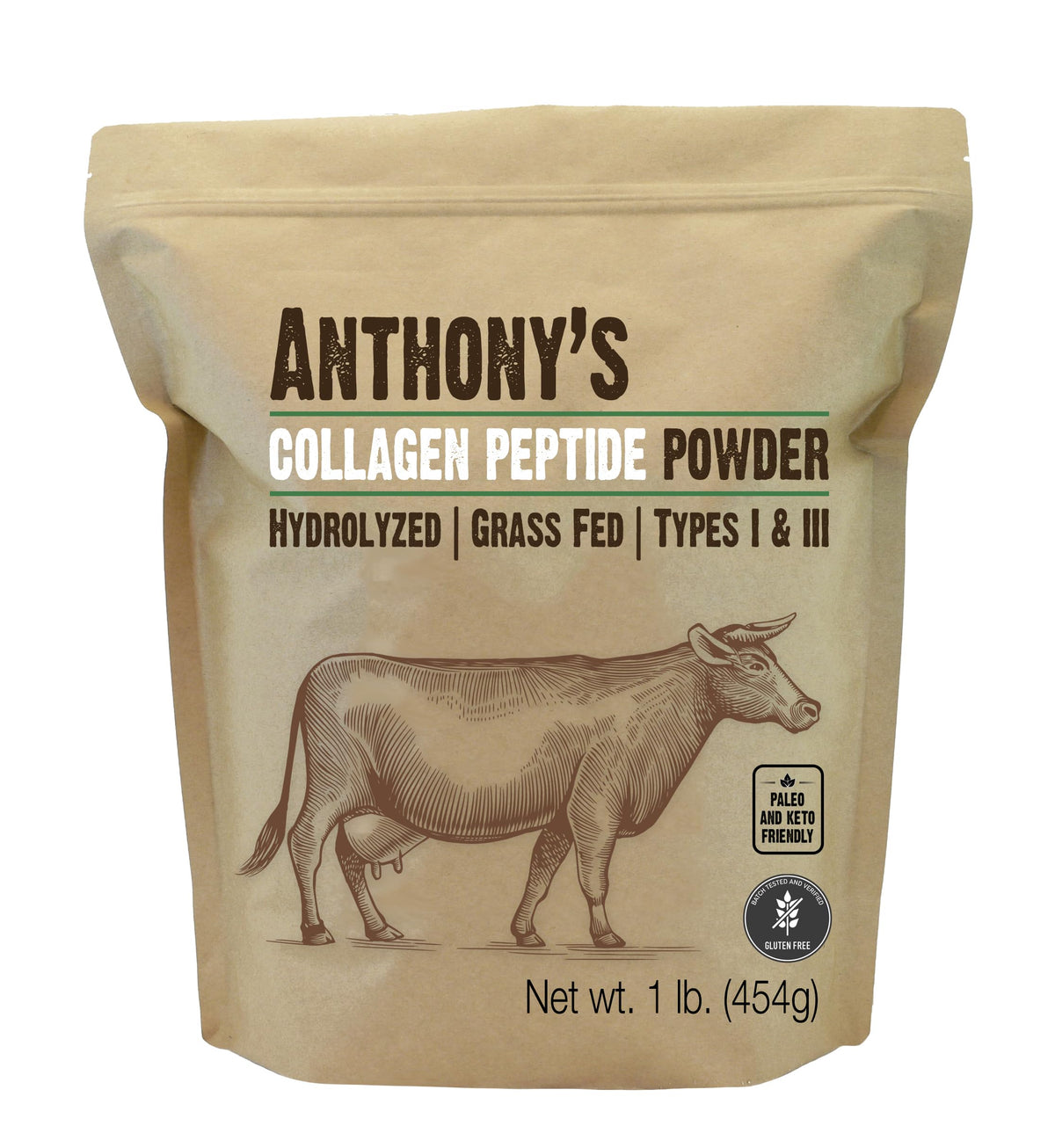 Polvo de colágeno Anthony's en envase de 1 lb para batidos.