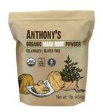 Anthony's Maca orgánica en envase, ideal para almacenamiento diario y uso en batidos.