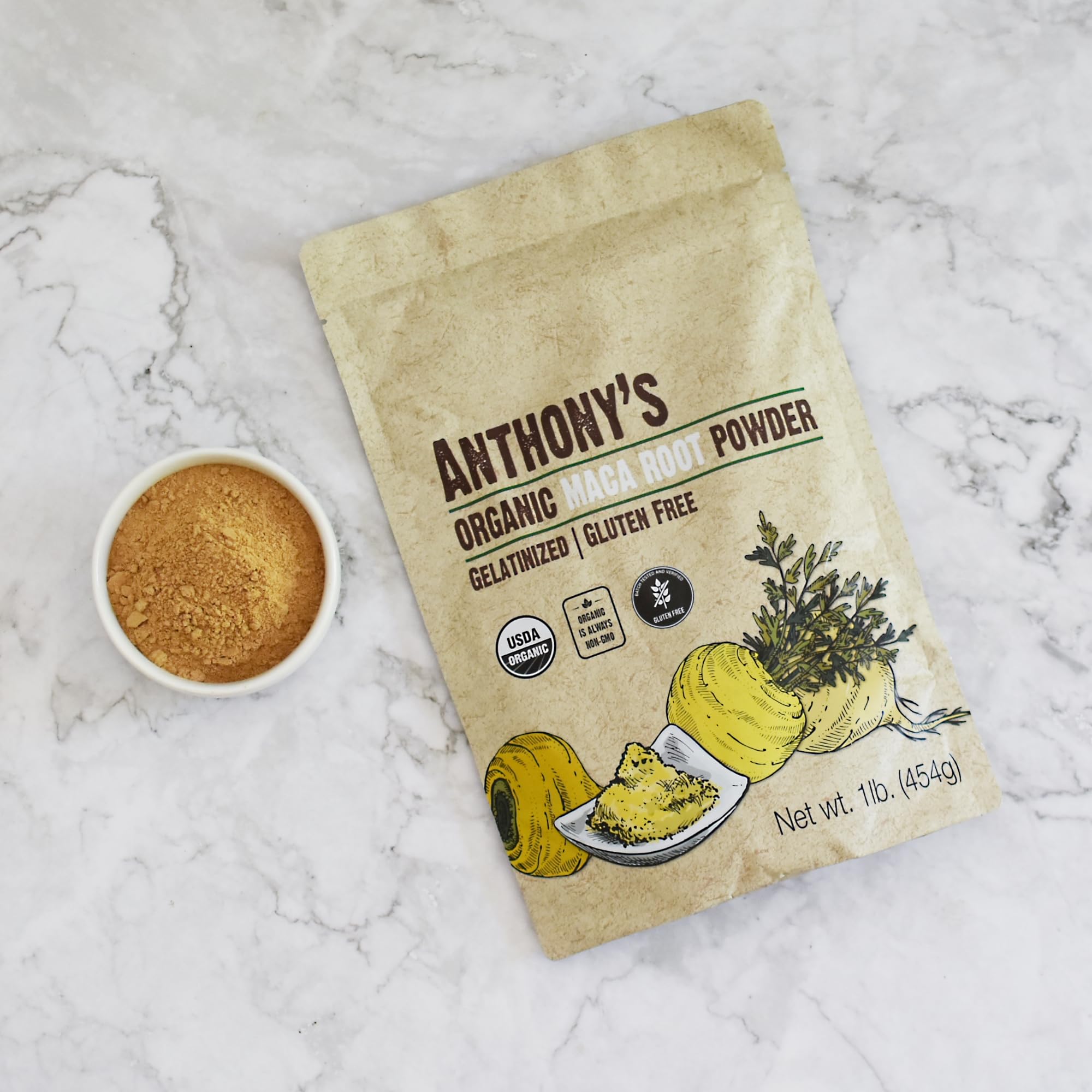 Anthony's Maca orgánica para bebidas, mejora la textura de batidos y bebidas.