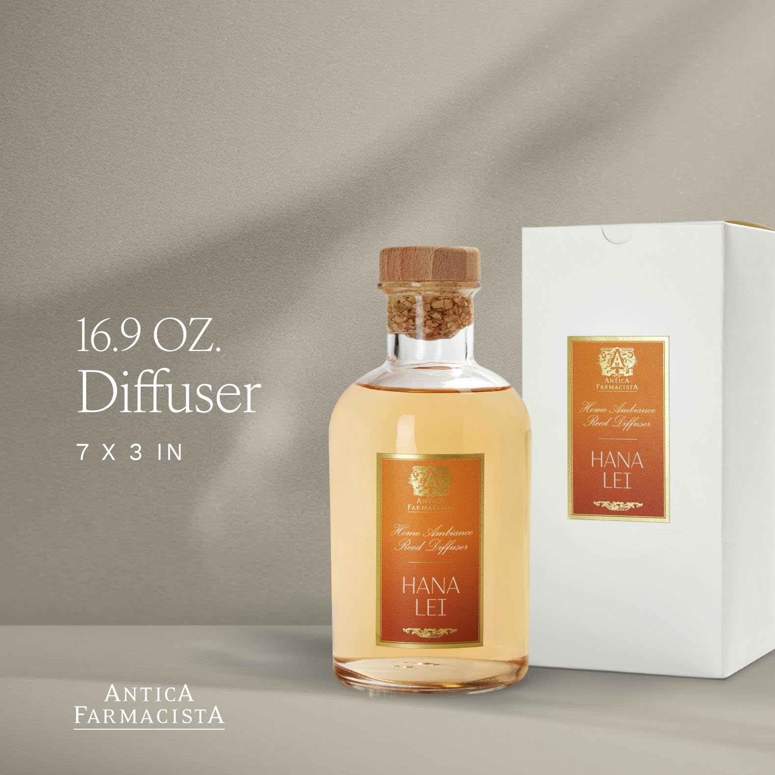 Antica Farmacista Hana Lei: envase cristalino elegante para decoración y aroma.