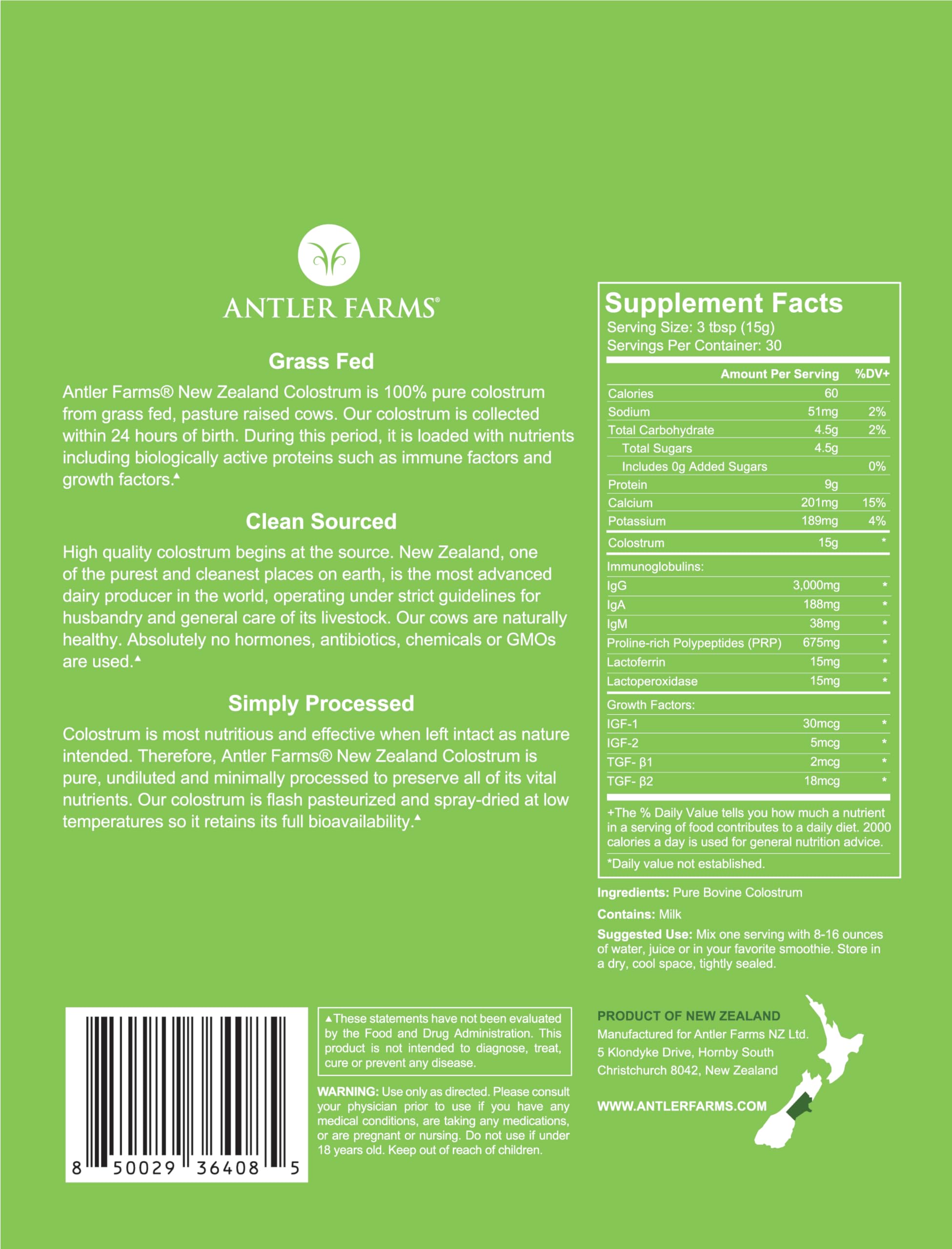 Antler Farms Colostro NZ etiqueta: origen limpio para confianza