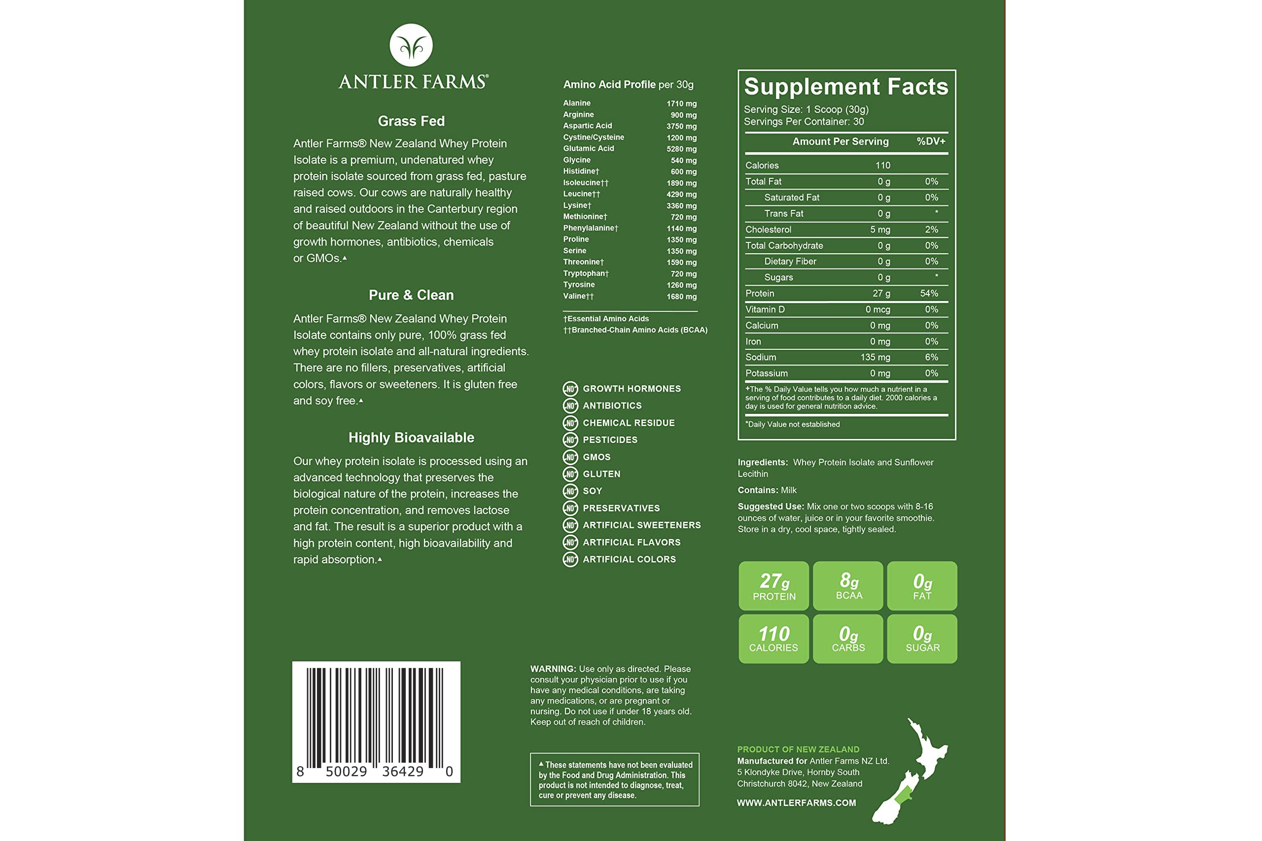 Antler Farms pote de proteína aislada, envase práctico para mezclas.