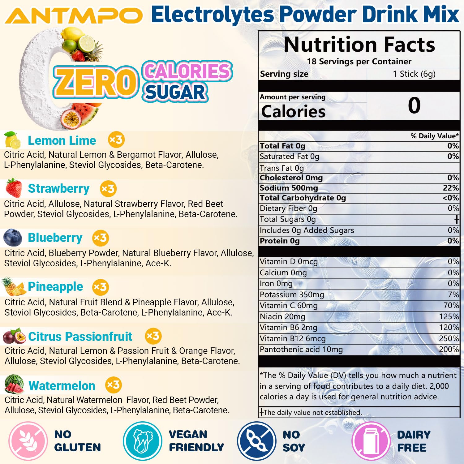 ANTMPO electrolitos sobre fresa, sabor natural sin azúcar para recargar energía.