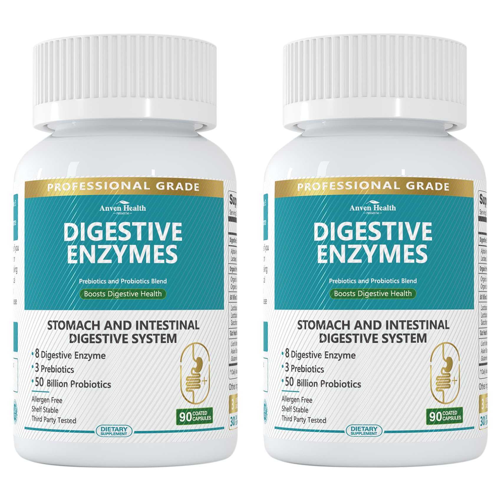 Anven Health 800mg enzimas digestivas frente del envase para posible alivio de malestares digestivos.