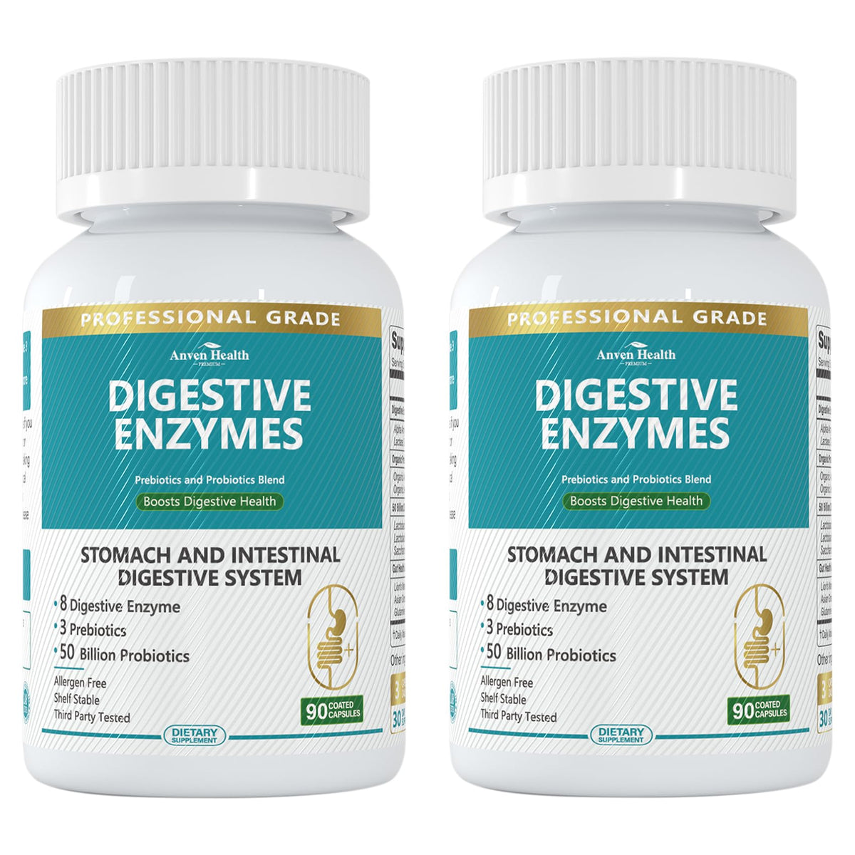 Anven Health 800mg enzimas digestivas frente del envase para posible alivio de malestares digestivos.