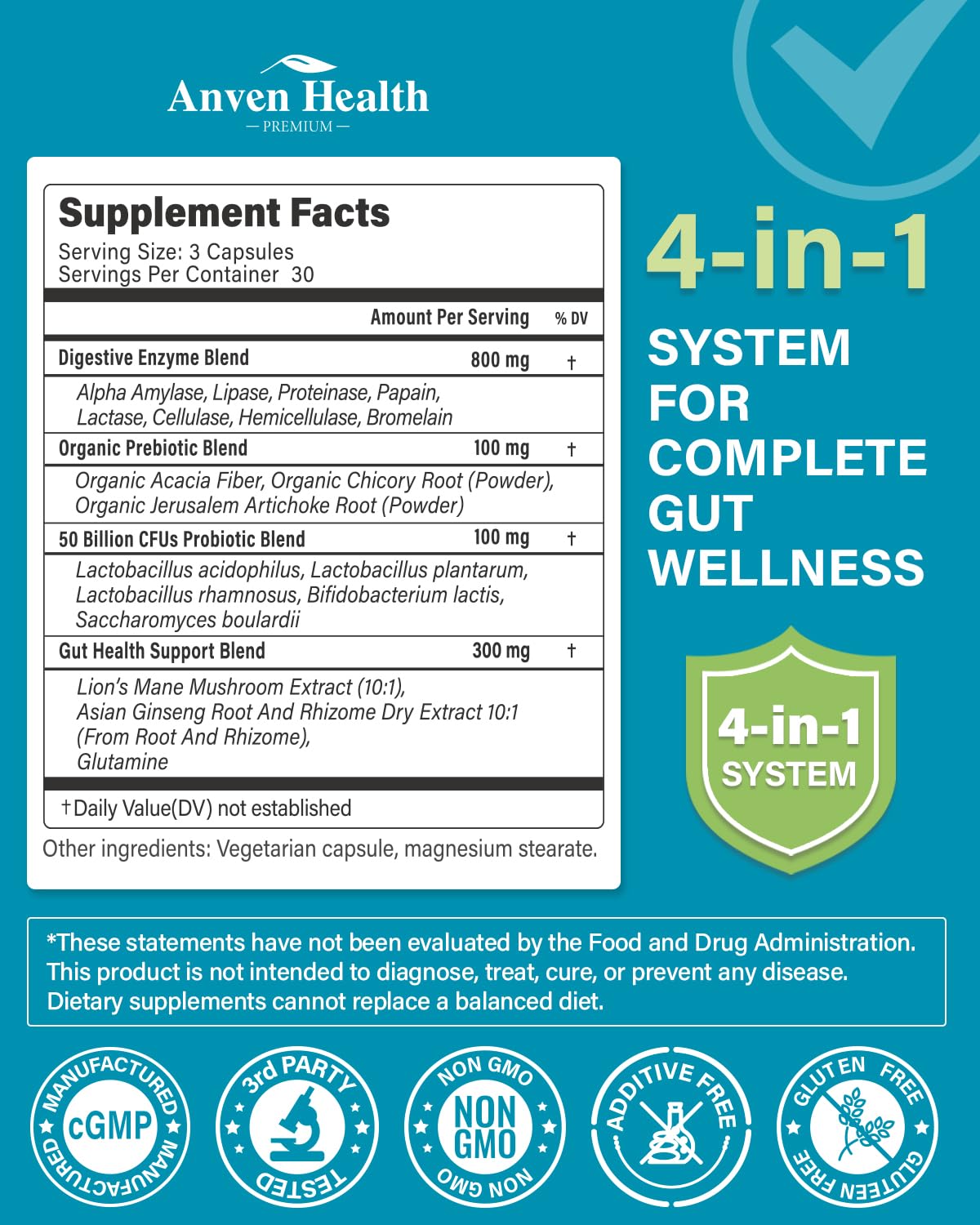 Anven Health: etiqueta frontal con información de ingredientes.