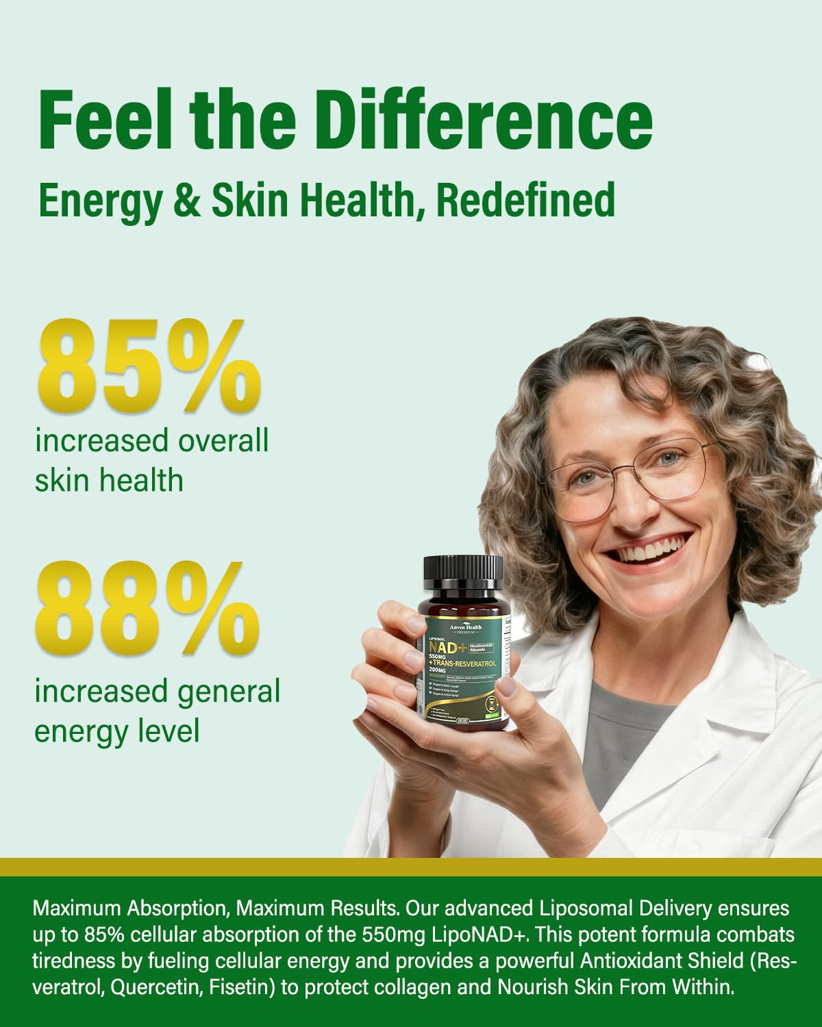 Anven Health Liposomal NAD+ Plus botella en mano, inicio de rutina diaria posible