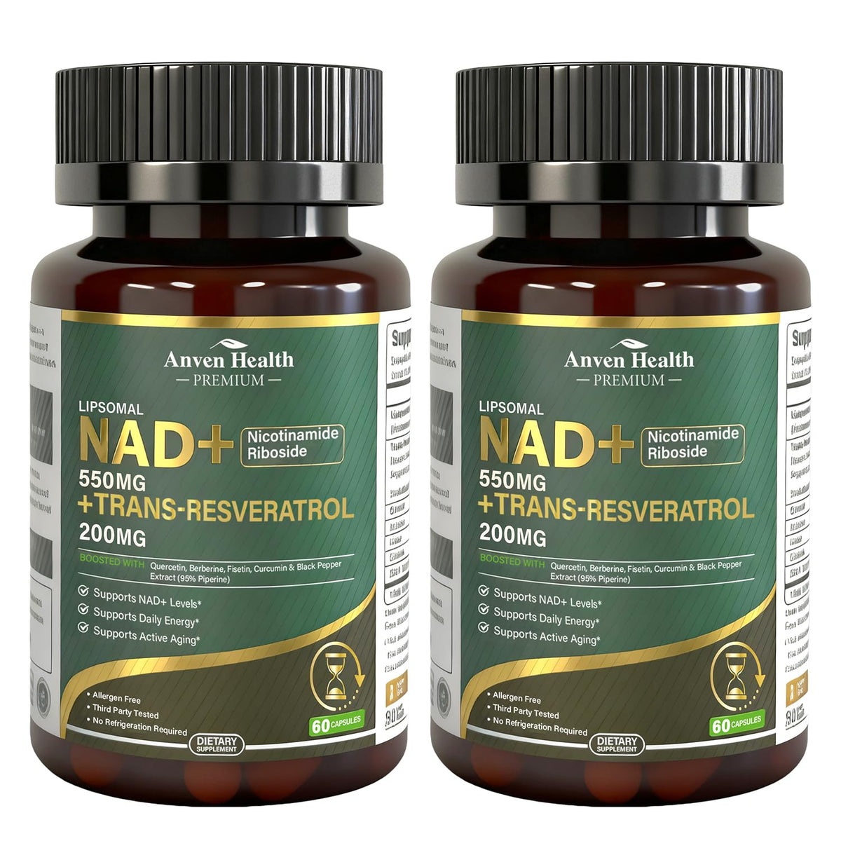 Anven Health Liposomal NAD+ Plus botella vertiendo, posible apoyo a energía celular diaria