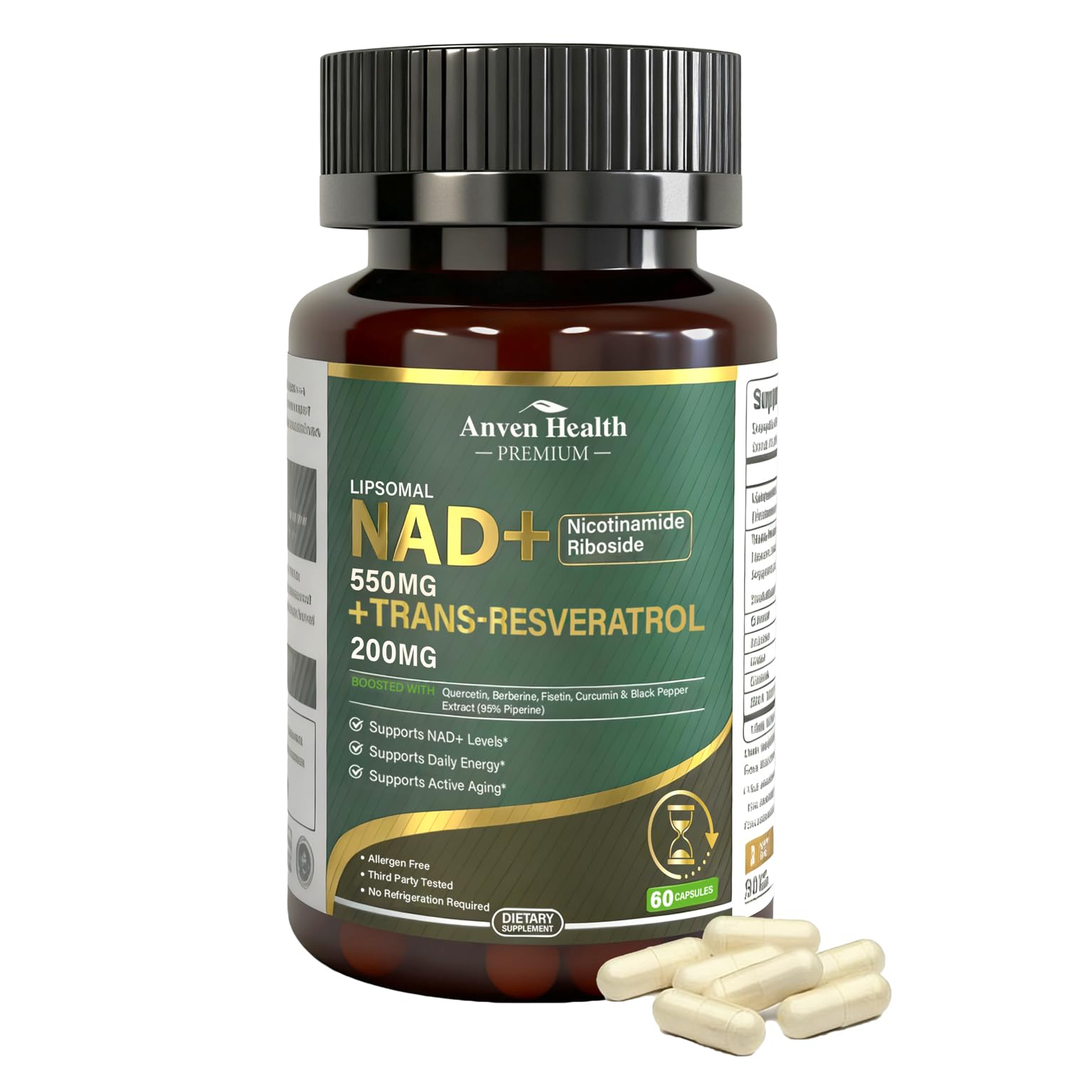 Anven Health Liposomal NAD+ Plus detalle de la cápsula para uso diario sencillo