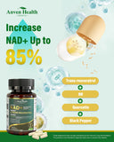 Anven Health Liposomal NAD+ Plus ingredientes clave visibles, Resveratrol y Quercetina para uso diario