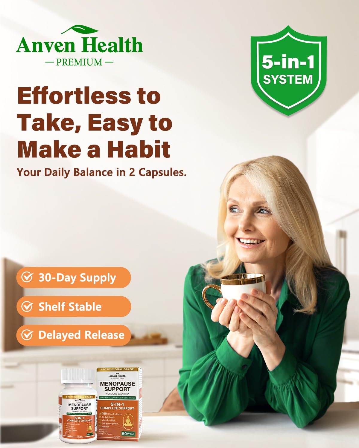 Anven Health Menopausia: mezcla herbal visible para equilibrio emocional y físico.