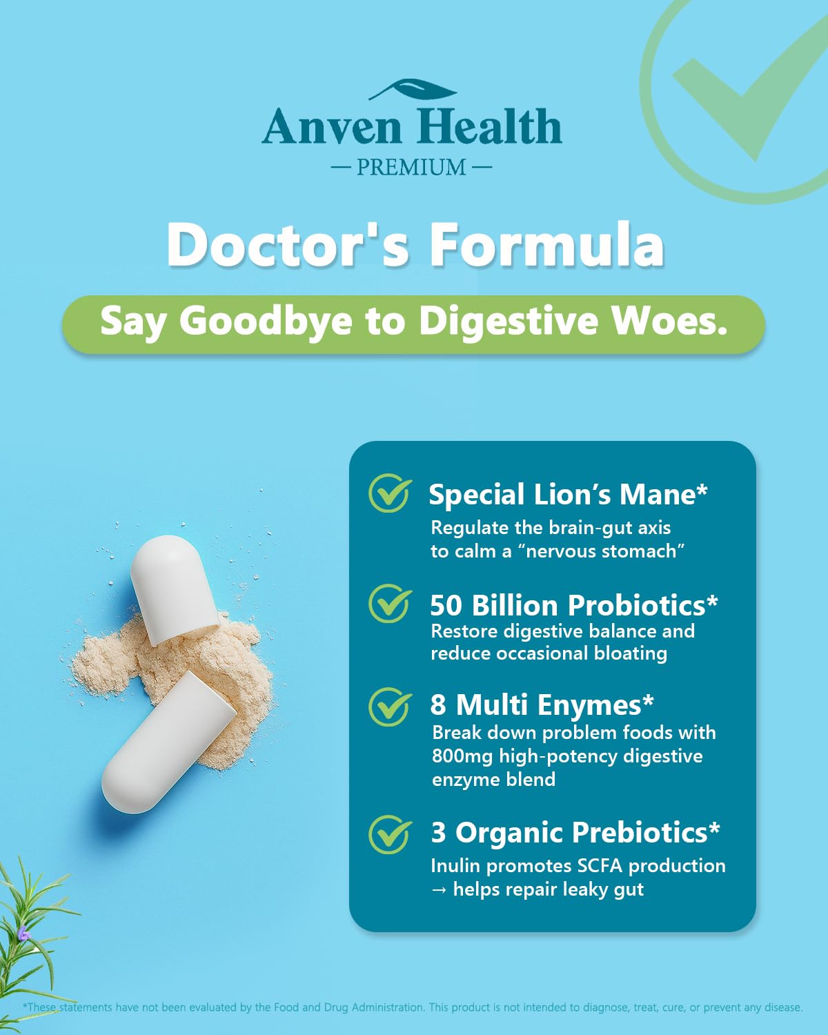Anven Health Lion's Mane Orgánico; apoyo al eje intestino-cerebro.