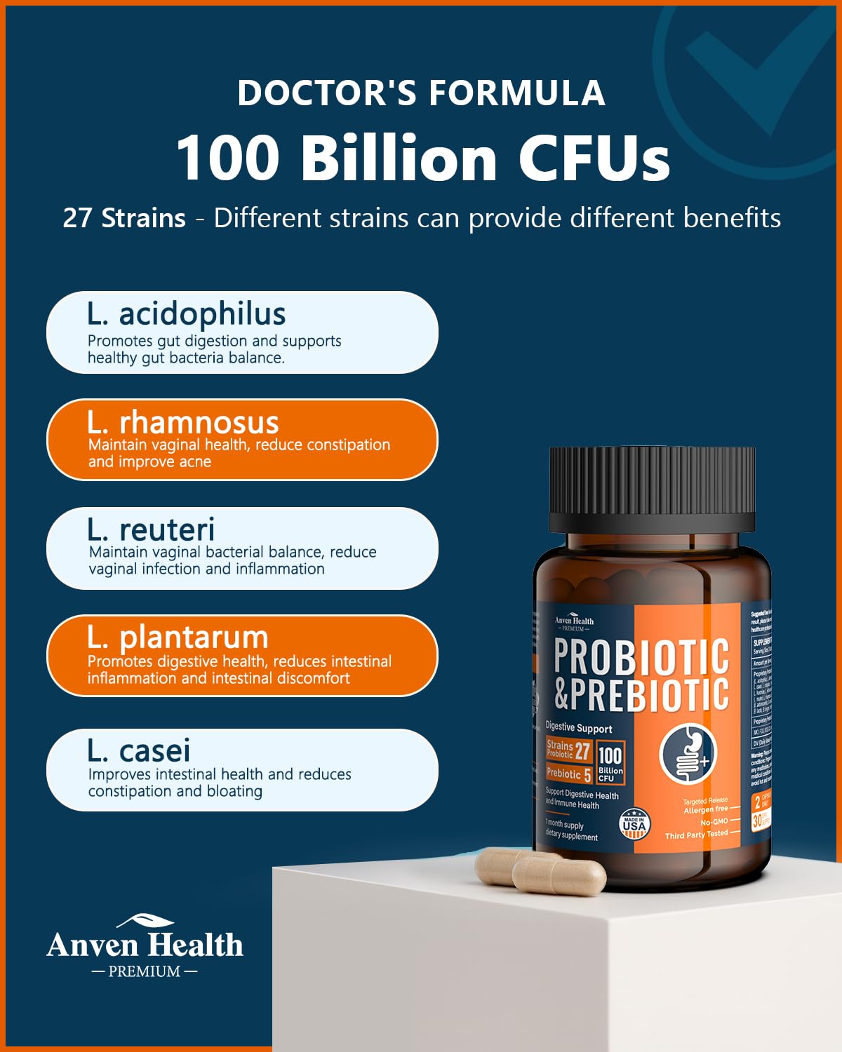 Anven Health Probioticos, caja de presentación, fácil almacenamiento diario