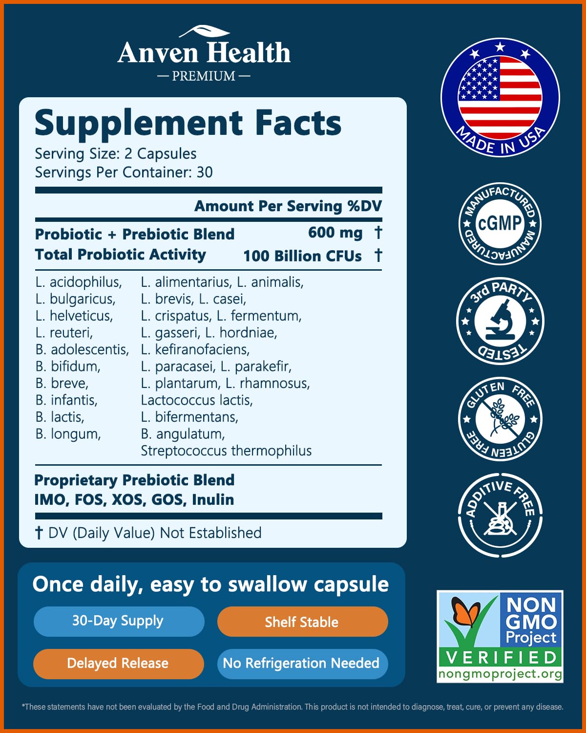 Anven Health Probioticos, cápsulas en mano, uso diario para intestino saludable