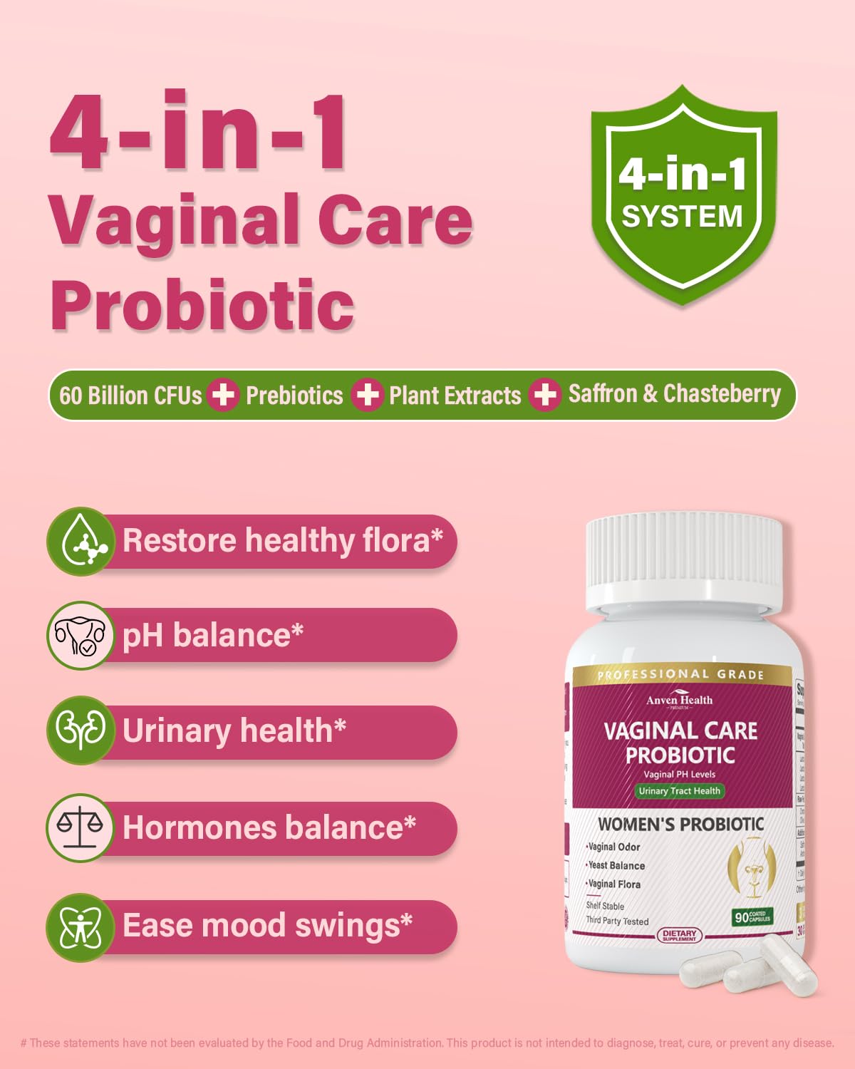 Anven Health Probióticos Vaginales, cápsulas doradas, alta potencia para flora.